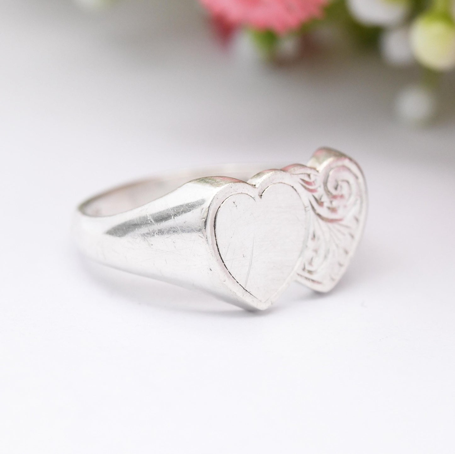 Vintage Sterling Silver Heart Signet Ring - Engraved Entwined Love Hearts | Henry Griffith | Gift for Her | UK Size - J 1/2 | US Size - 5