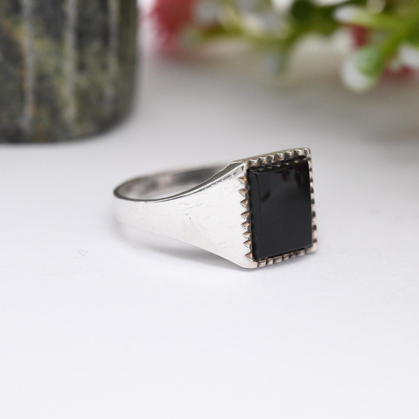 Vintage Sterling Silver Onyx Signet Ring - Unisex Square Black Stone Ring | Small Size Pinkie Ring | UK Size - K | US Size - 5 1/4