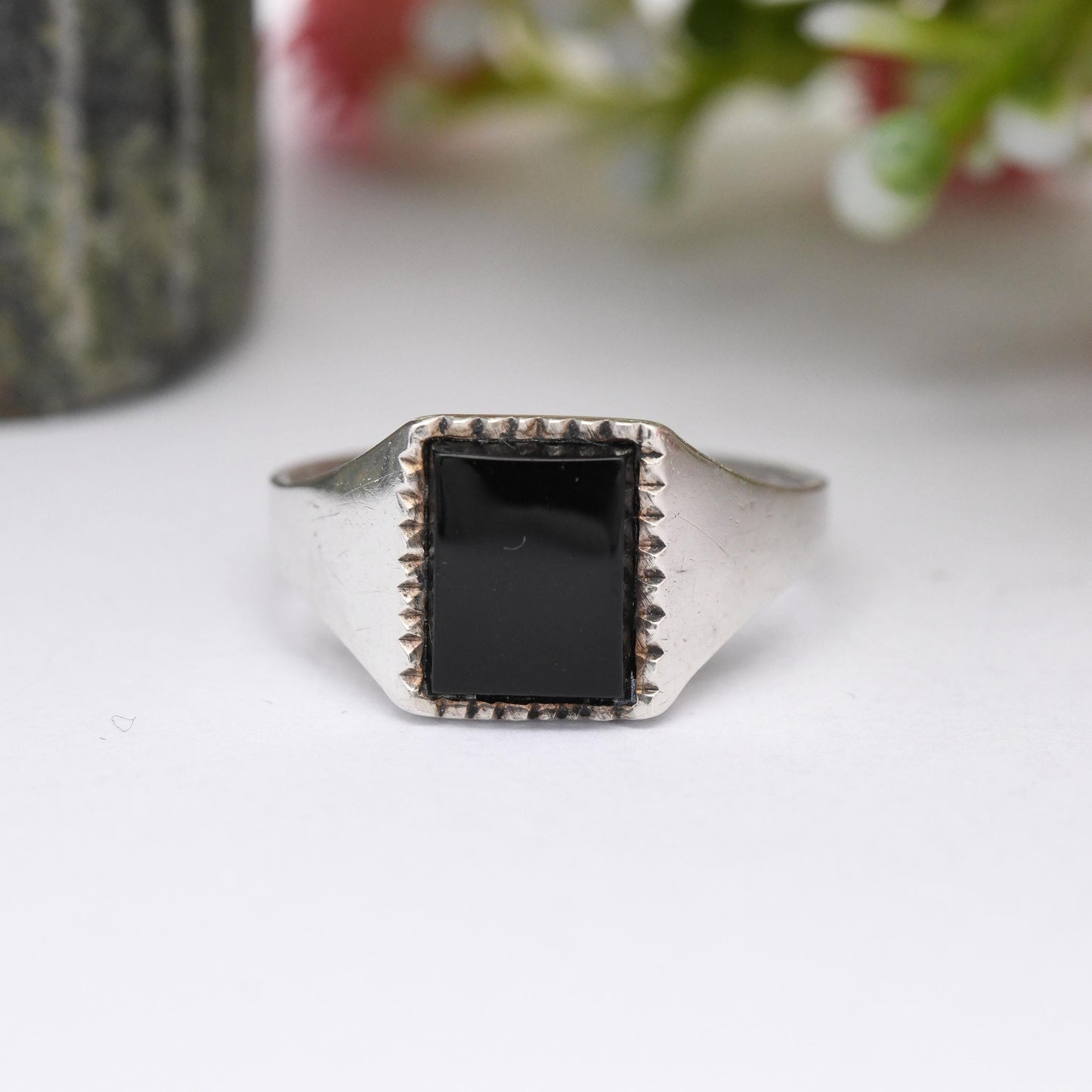 Vintage Sterling Silver Onyx Signet Ring - Unisex Square Black Stone Ring | Small Size Pinkie Ring | UK Size - K | US Size - 5 1/4