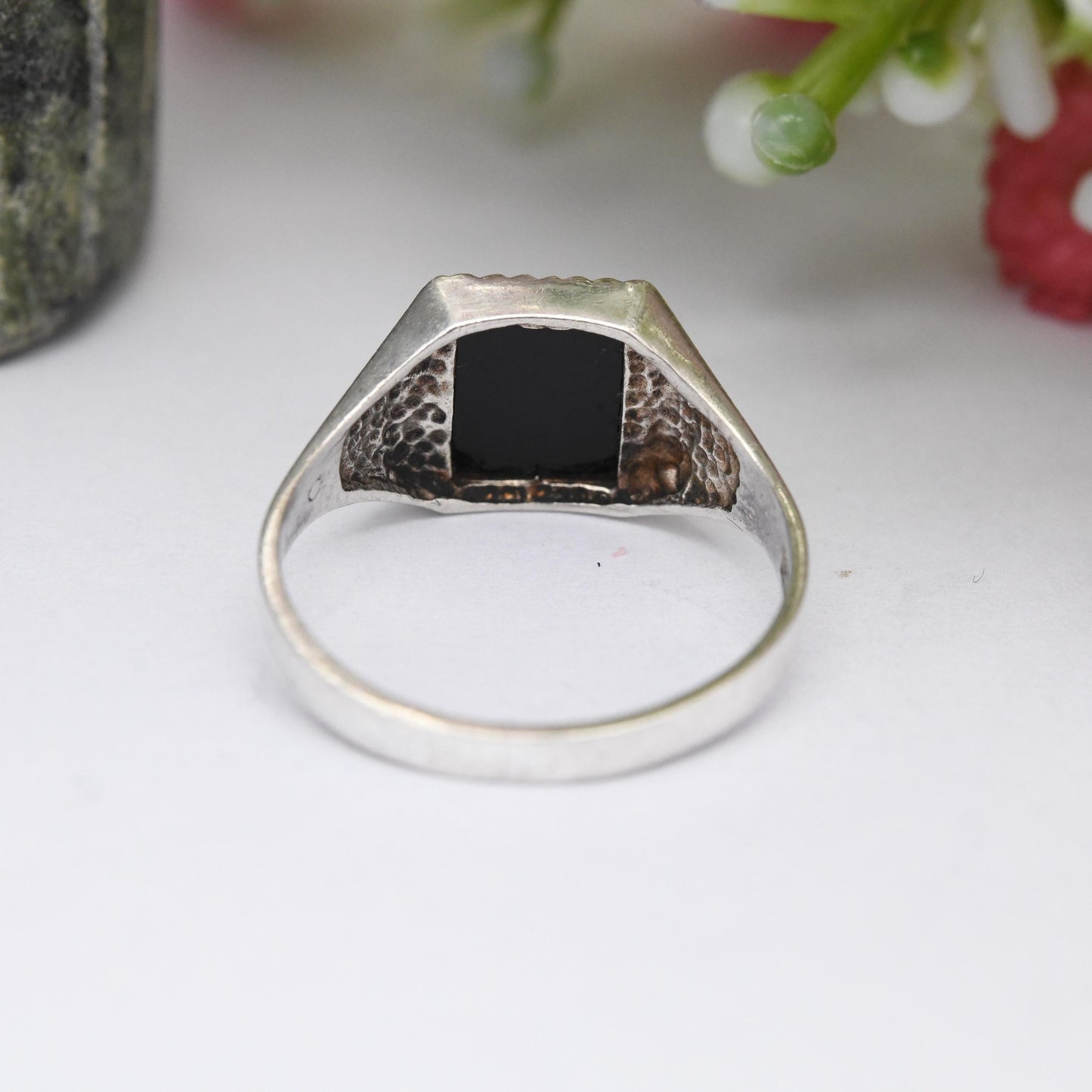 Vintage Sterling Silver Onyx Signet Ring - Unisex Square Black Stone Ring | Small Size Pinkie Ring | UK Size - K | US Size - 5 1/4