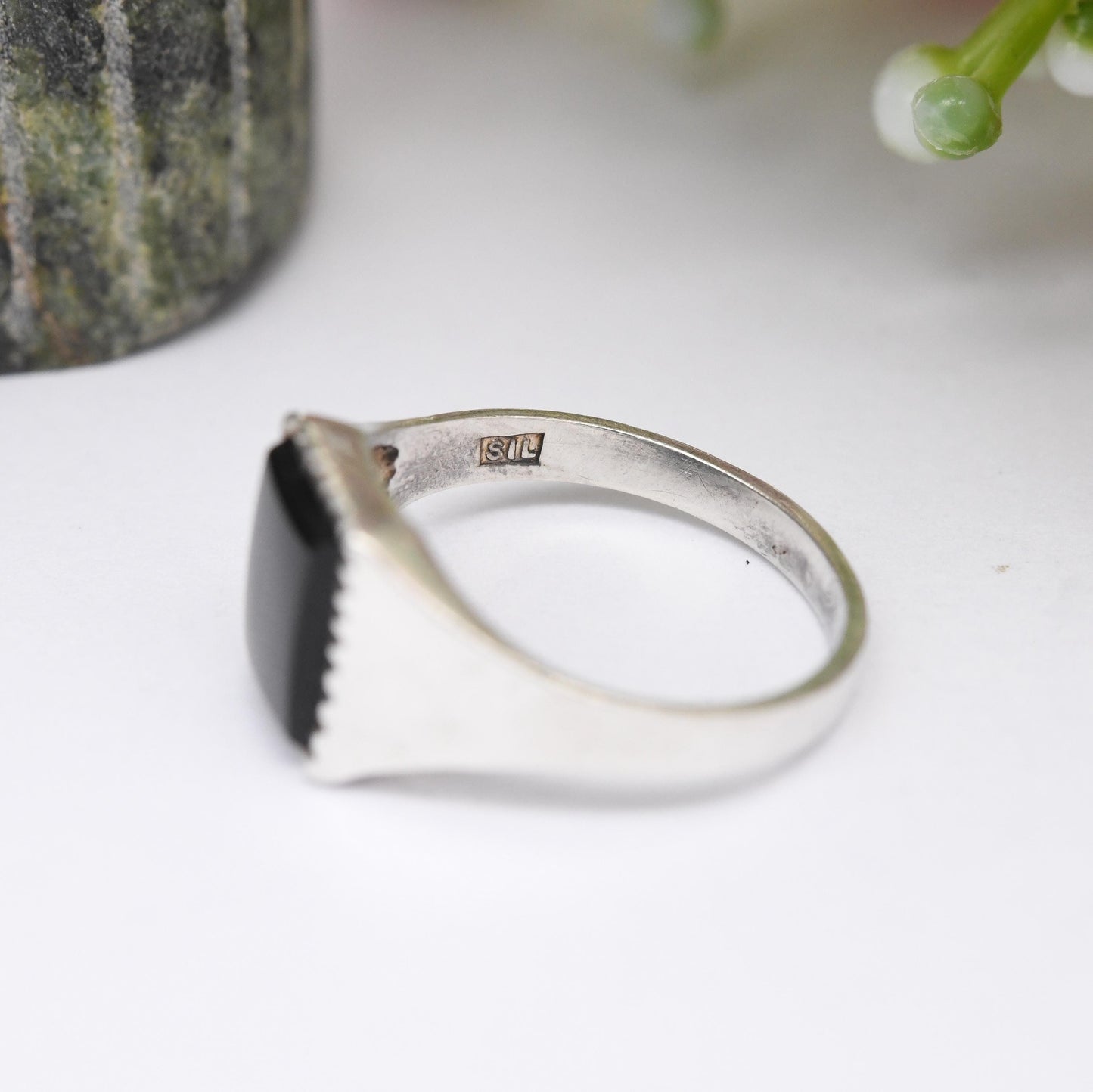 Vintage Sterling Silver Onyx Signet Ring - Unisex Square Black Stone Ring | Small Size Pinkie Ring | UK Size - K | US Size - 5 1/4