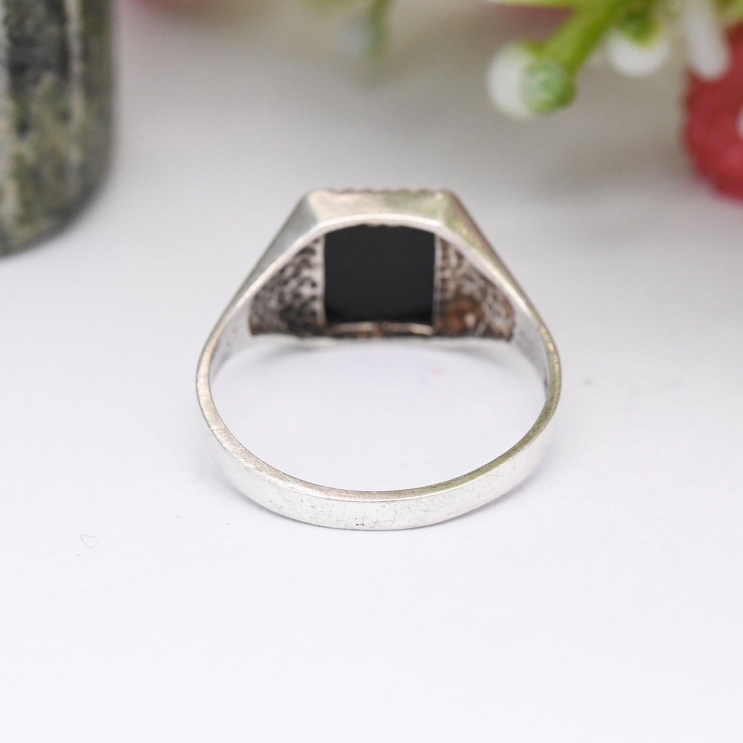 Vintage Sterling Silver Onyx Signet Ring - Unisex Square Black Stone Ring | Small Size Pinkie Ring | UK Size - K | US Size - 5 1/4