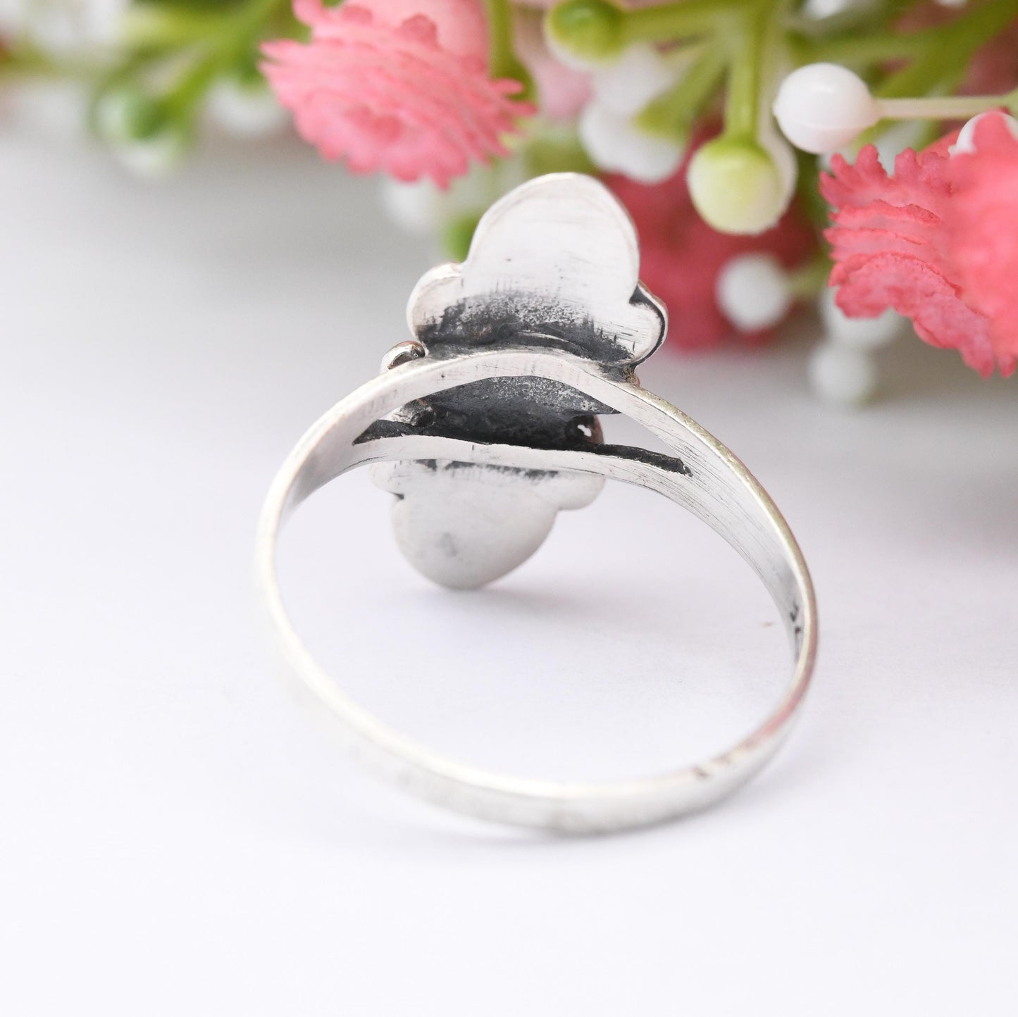 Vintage Sterling Silver Onyx Ring with Pretty Setting - Knuckle Length Index Finger Ring | UK Size - R | US Size - 8 3/4