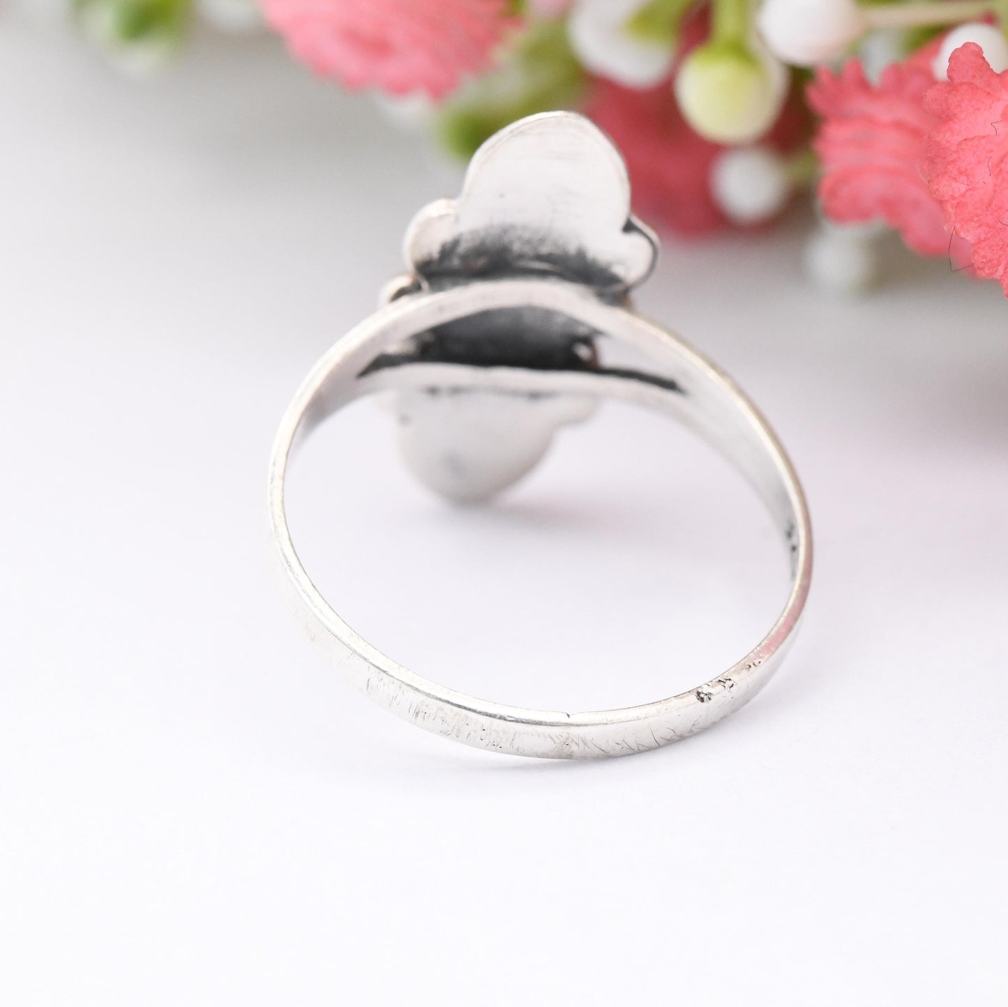 Vintage Sterling Silver Onyx Ring with Pretty Setting - Knuckle Length Index Finger Ring | UK Size - R | US Size - 8 3/4