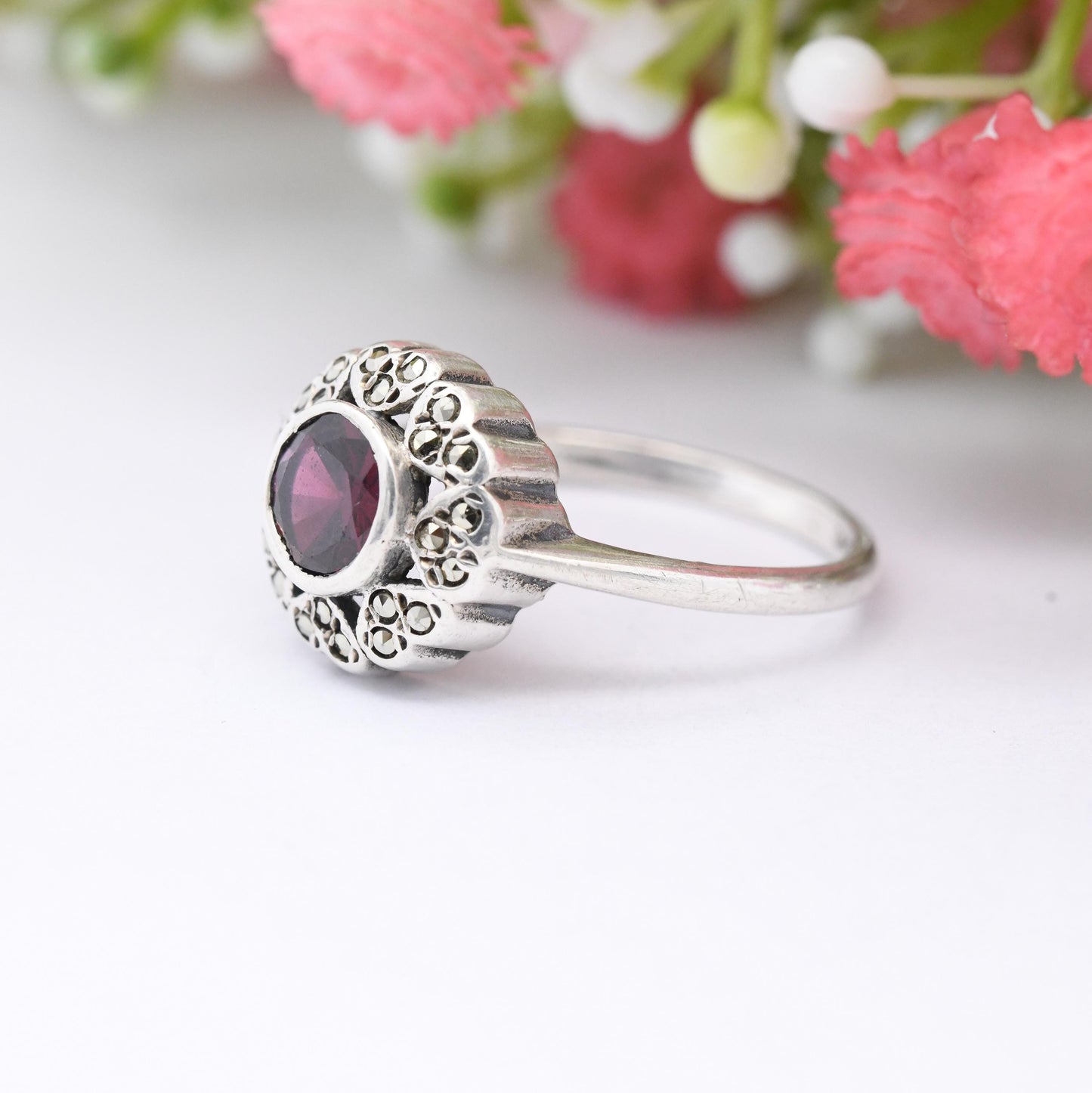 Vintage Sterling Silver Shiptonia Marcasite Flower Ring - True Vintage Shipton & Co | Pretty Gift for Her | UK Size - R | US Size - 8 1/2