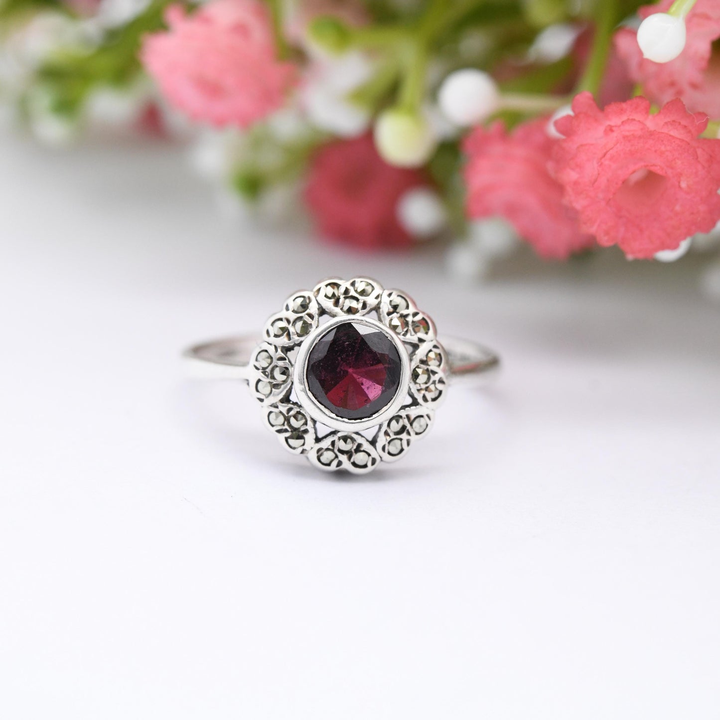 Vintage Sterling Silver Shiptonia Marcasite Flower Ring - True Vintage Shipton & Co | Pretty Gift for Her | UK Size - R | US Size - 8 1/2