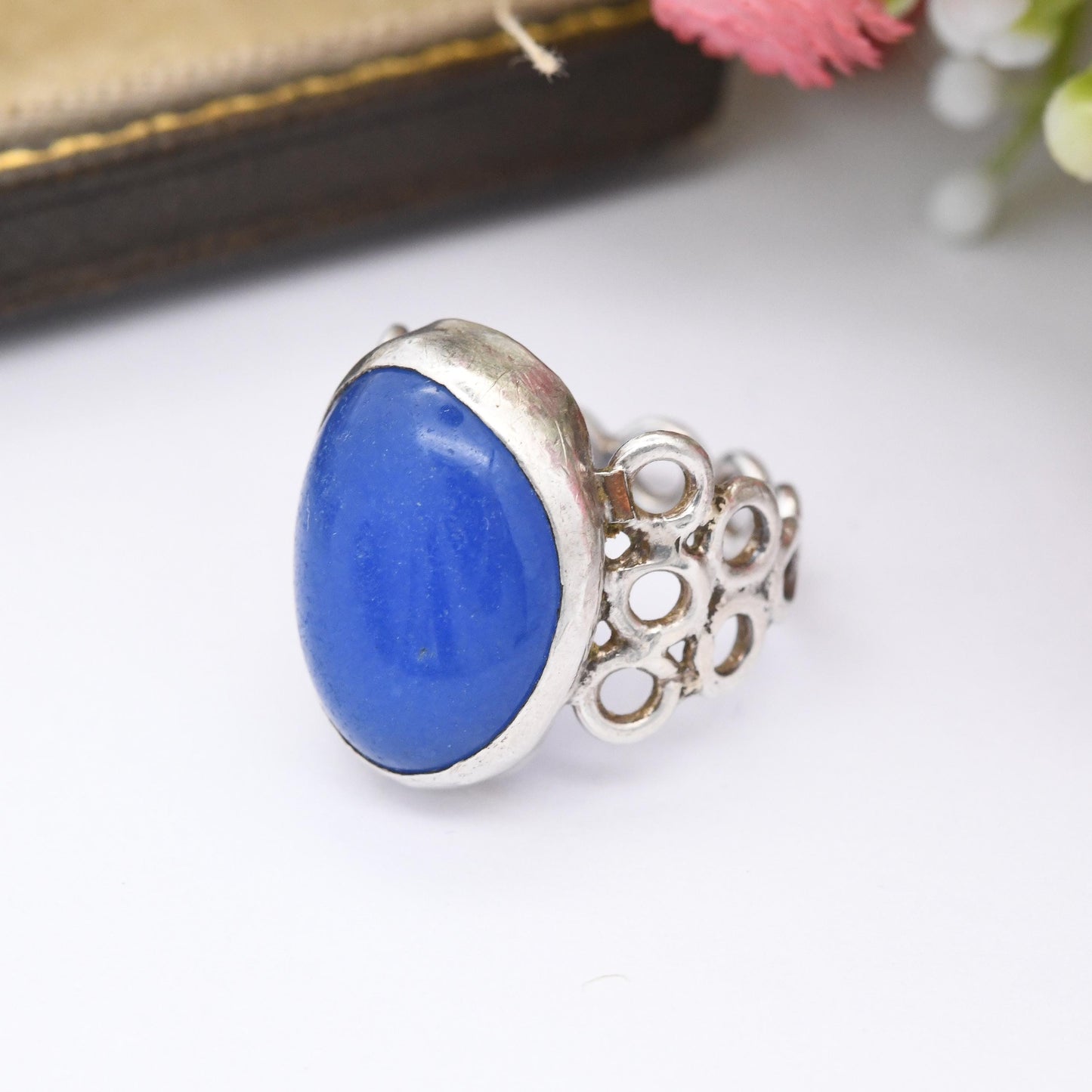 Vintage Blue Stone Ring with Bubble Band - Openwork Circle Design | Mid-Century Modernist Large Cabochon | UK Size - H | US Size - 3 1/4
