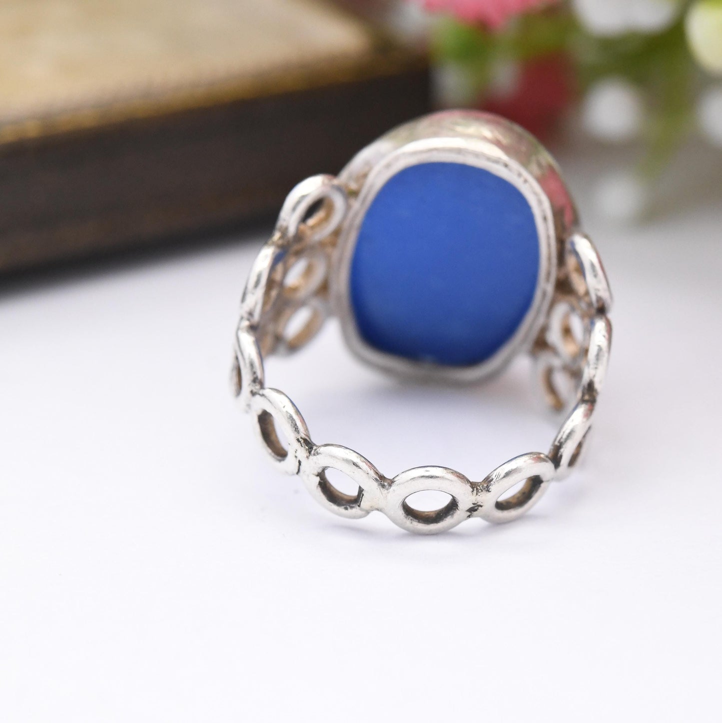 Vintage Blue Stone Ring with Bubble Band - Openwork Circle Design | Mid-Century Modernist Large Cabochon | UK Size - H | US Size - 3 1/4
