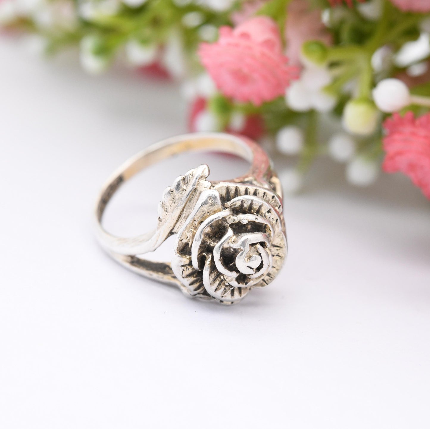Vintage Sterling Silver Rose Ring 1978 D&W - Mid-Century Flower Floral Shape Pretty Gift for Her | UK Size - N | US Size - 6 3/4