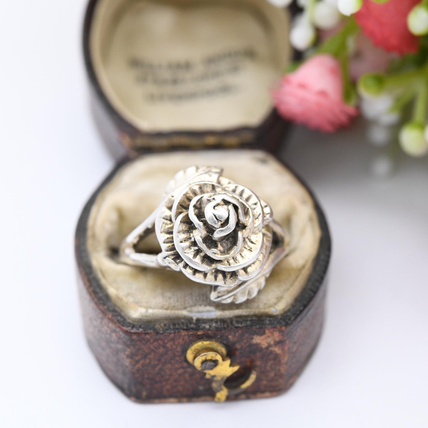 Vintage Sterling Silver Rose Ring 1978 D&W - Mid-Century Flower Floral Shape Pretty Gift for Her | UK Size - N | US Size - 6 3/4
