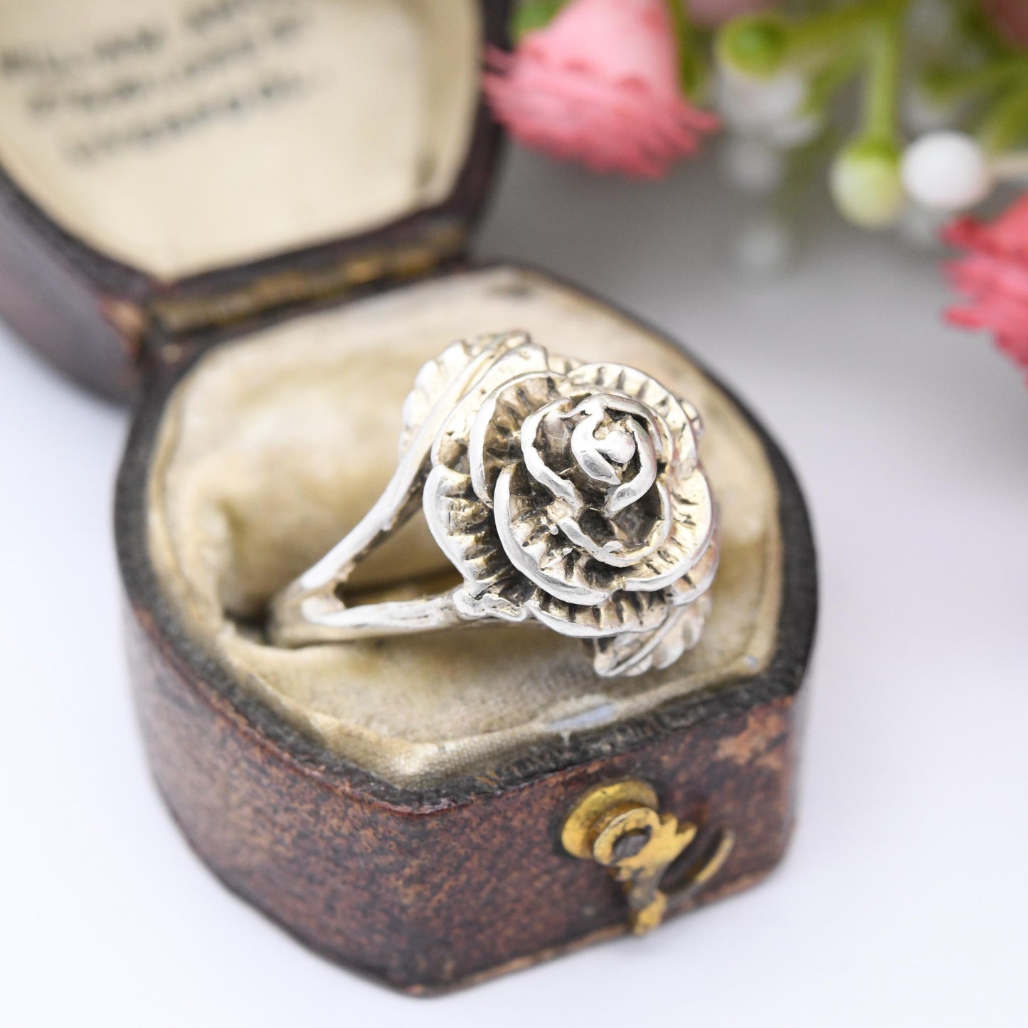Vintage Sterling Silver Rose Ring 1978 D&W - Mid-Century Flower Floral Shape Pretty Gift for Her | UK Size - N | US Size - 6 3/4