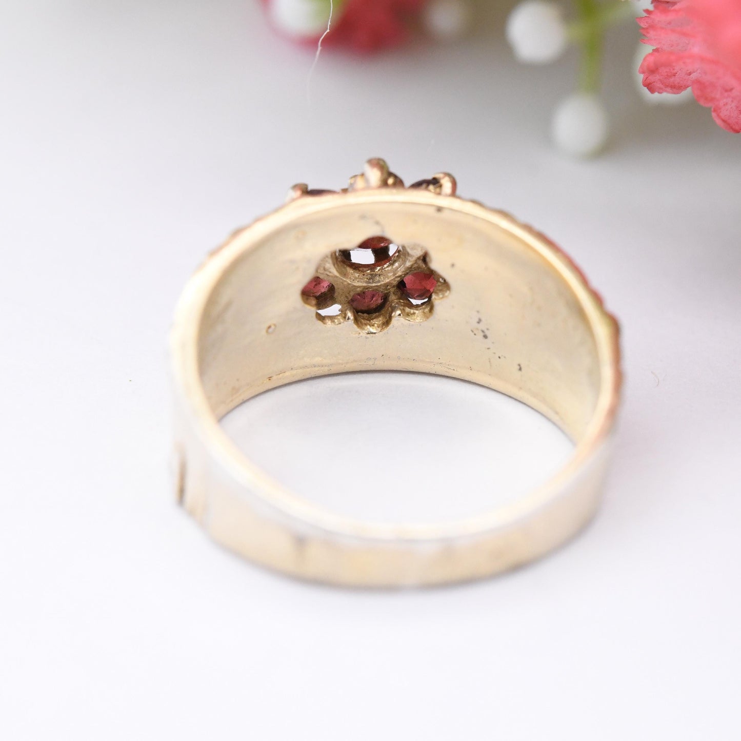 Vintage Gold Plated Sterling Silver Garnet Cluster Flower Ring 1976 - Mid-Century Bark Effect Pinkie Ring Gift | UK Size - K | US Size - 5