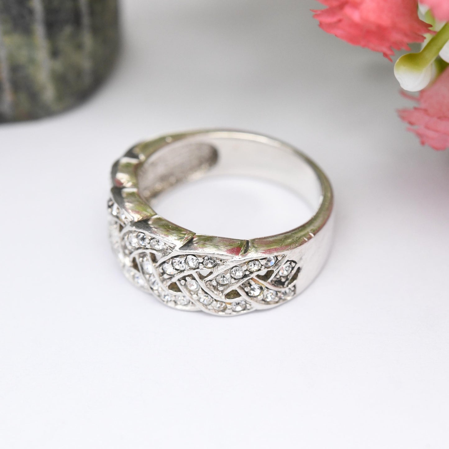 Vintage Sterling Silver CZ Crossed Band Ring - Y2K Chunky Sparkly Statement Ring | White Stones | UK Size - K 1/2 | US Size - 5 1/2