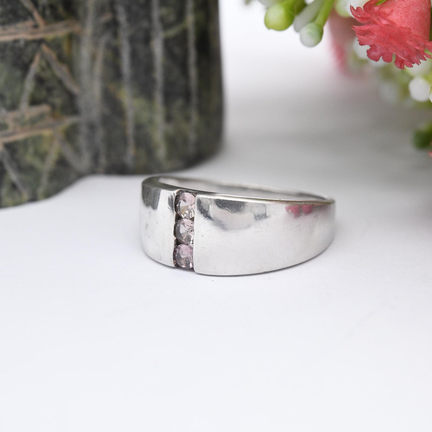 Sterling Silver Three Stone Ring - White Stone Minimal Ring Y2K | Flush Tension Setting | Large Size | UK Size - U | US Size - 10