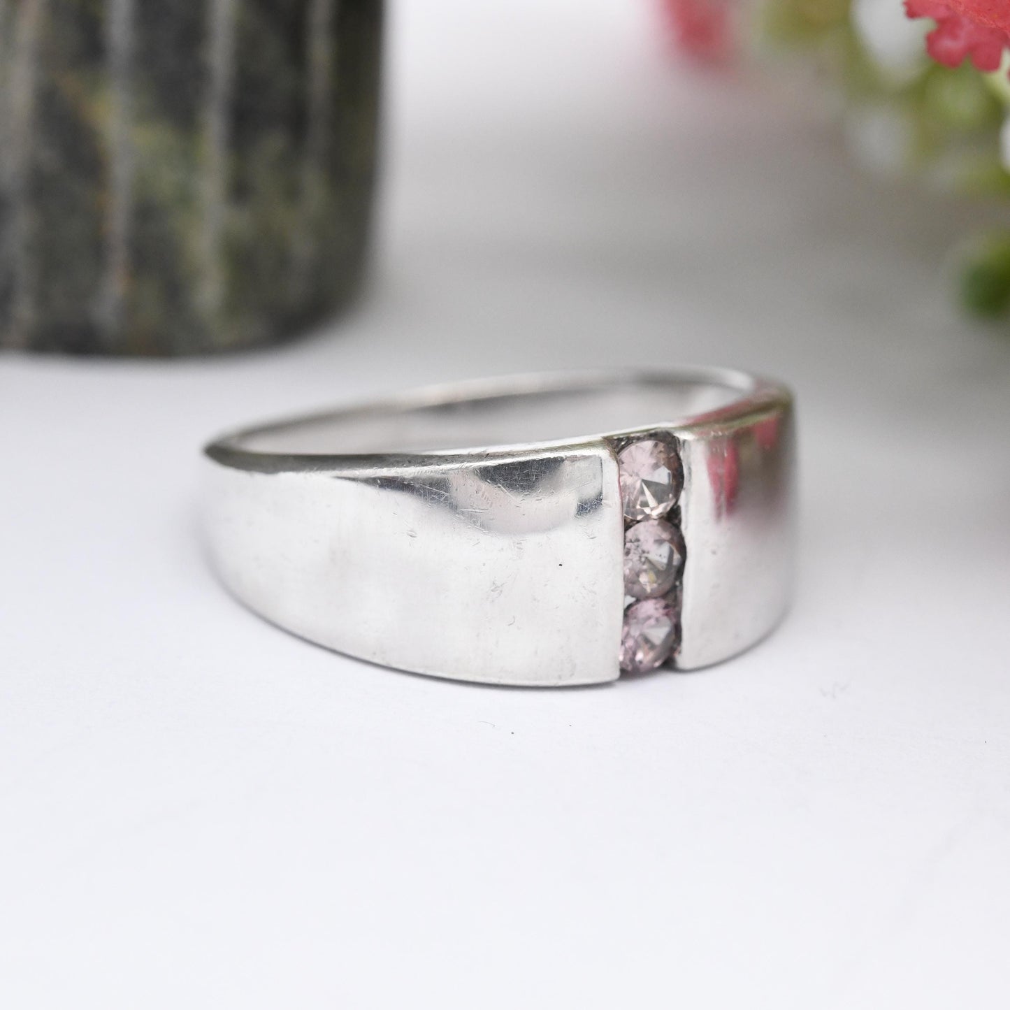 Sterling Silver Three Stone Ring - White Stone Minimal Ring Y2K | Flush Tension Setting | Large Size | UK Size - U | US Size - 10