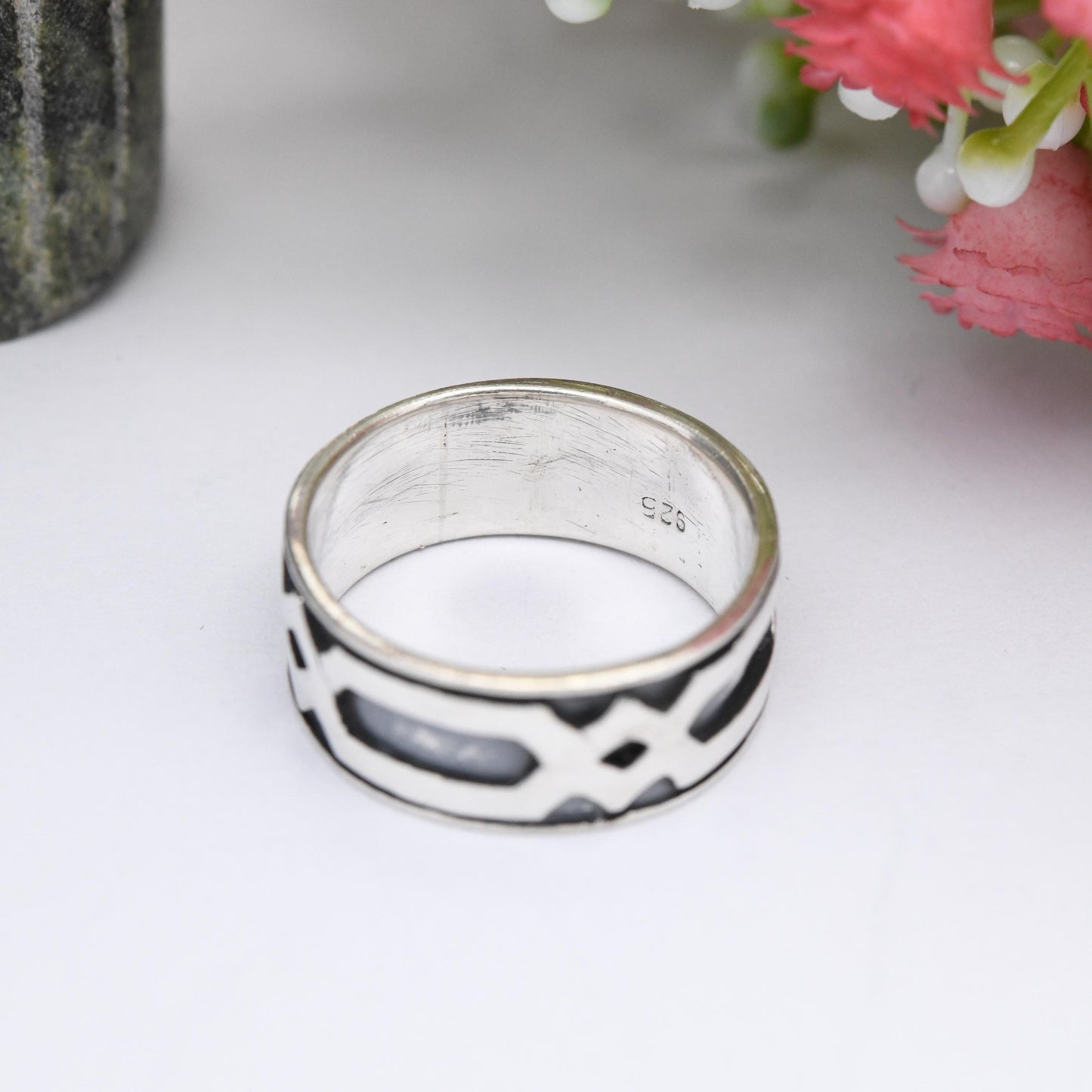 Vintage Sterling Silver Chunky Band Ring - Unisex Silver Geometric Pattern Ring Everyday Jewellery Wide Band | UK Size - N 1/2 | US Size - 7
