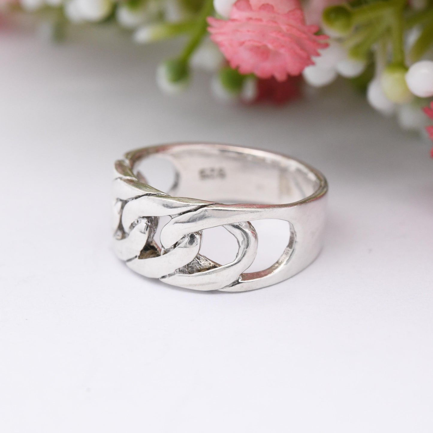Vintage Sterling Silver Chain Band Ring - Openwork Curb Link Design Mid-Century Modernist Minimal Band Ring | UK Size - N | US Size - 6 1/2