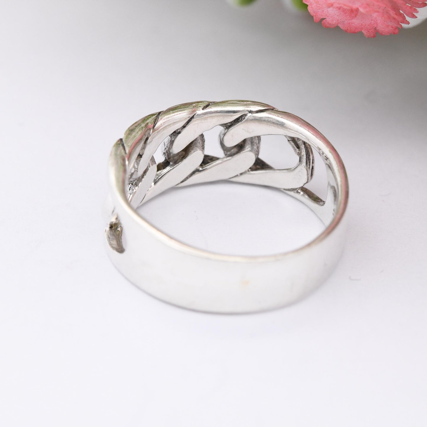 Vintage Sterling Silver Chain Band Ring - Openwork Curb Link Design Mid-Century Modernist Minimal Band Ring | UK Size - N | US Size - 6 1/2