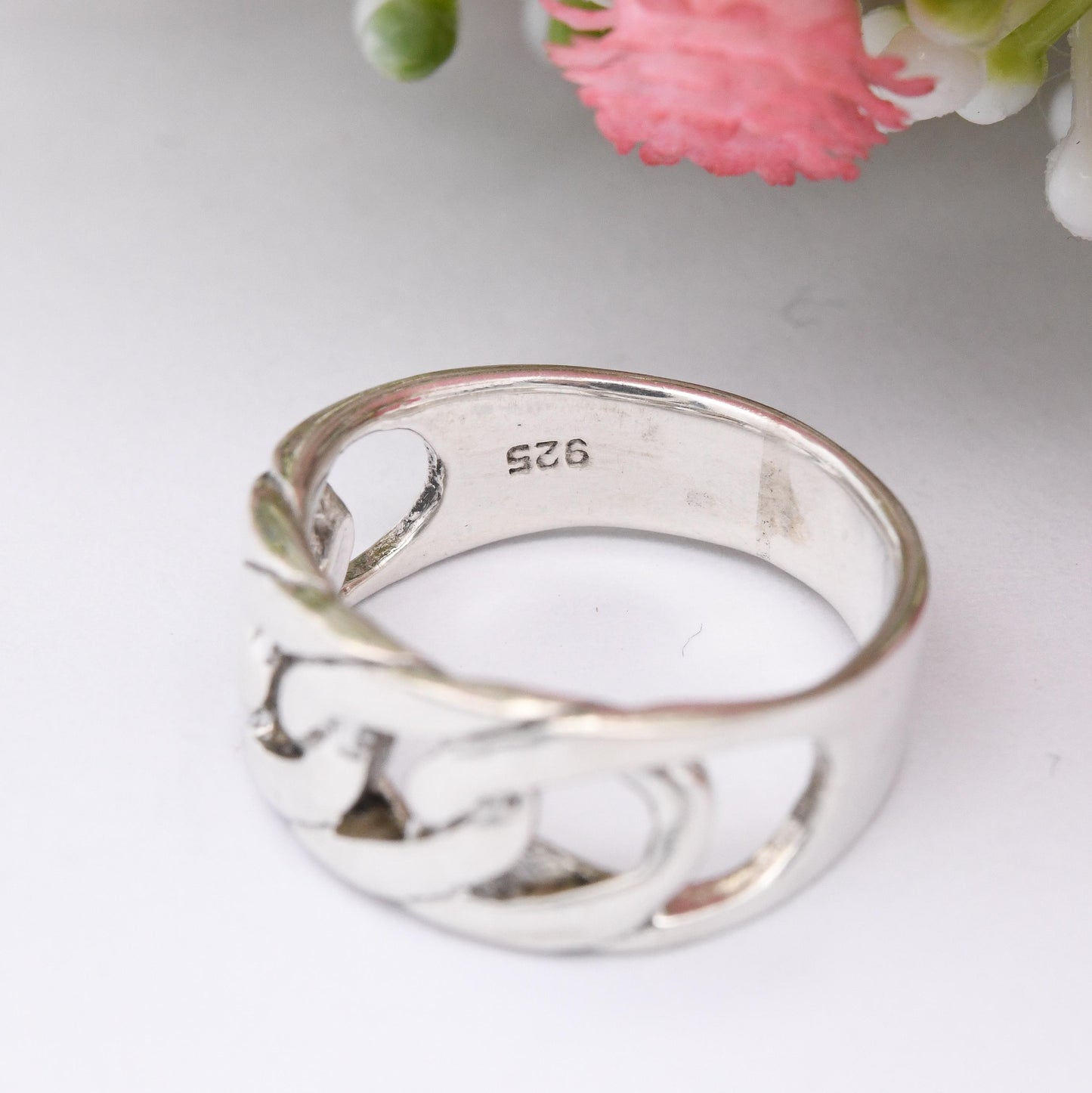 Vintage Sterling Silver Chain Band Ring - Openwork Curb Link Design Mid-Century Modernist Minimal Band Ring | UK Size - N | US Size - 6 1/2