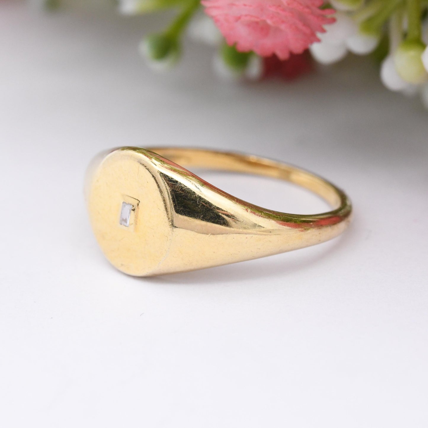 Gold Plated Sterling Silver Signet Ring with Clear Stone - Unisex Signet Gift Large Size Middle Finger | UK Size - U 1/2 | US Size - 10 1/4