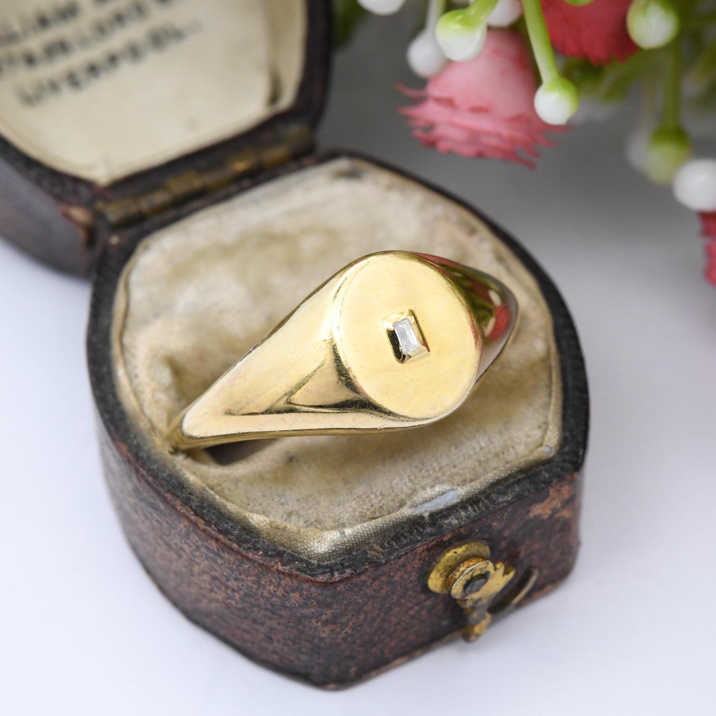 Gold Plated Sterling Silver Signet Ring with Clear Stone - Unisex Signet Gift Large Size Middle Finger | UK Size - U 1/2 | US Size - 10 1/4