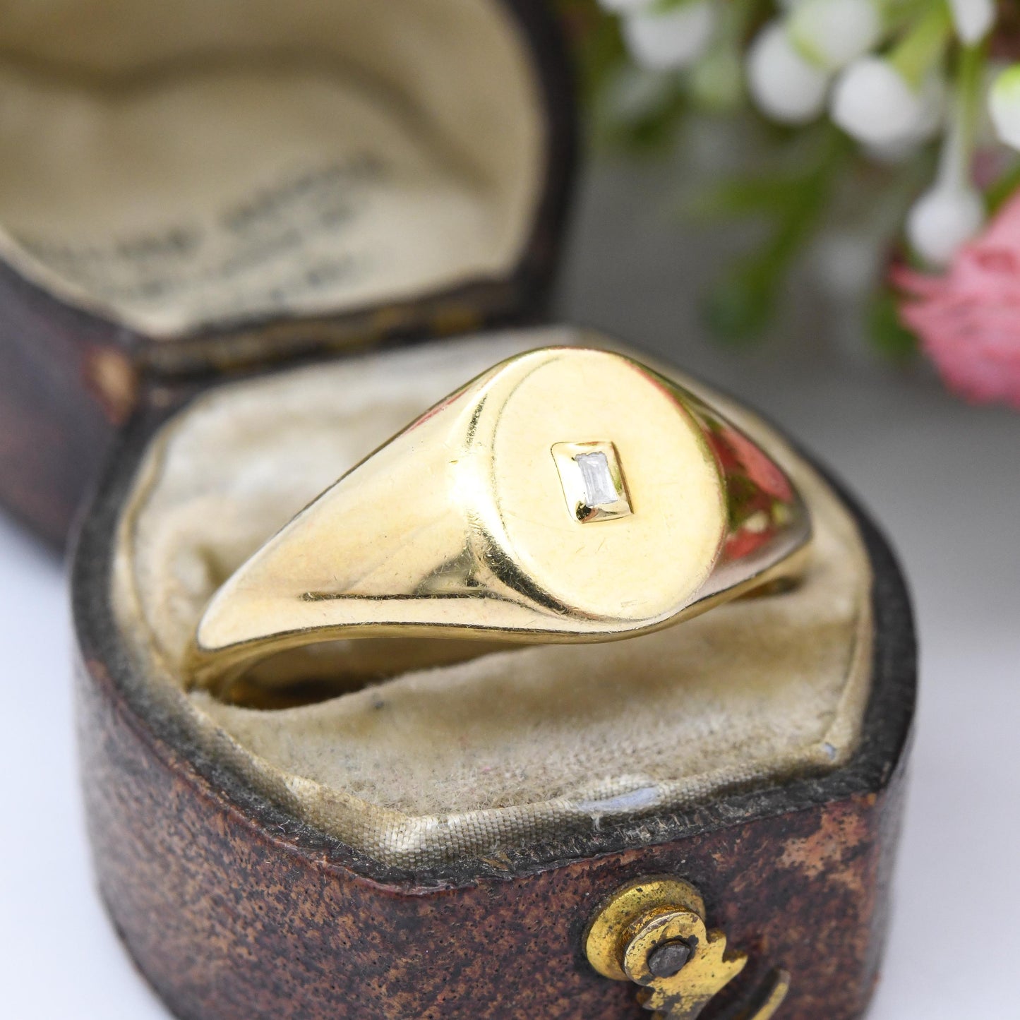 Gold Plated Sterling Silver Signet Ring with Clear Stone - Unisex Signet Gift Large Size Middle Finger | UK Size - U 1/2 | US Size - 10 1/4