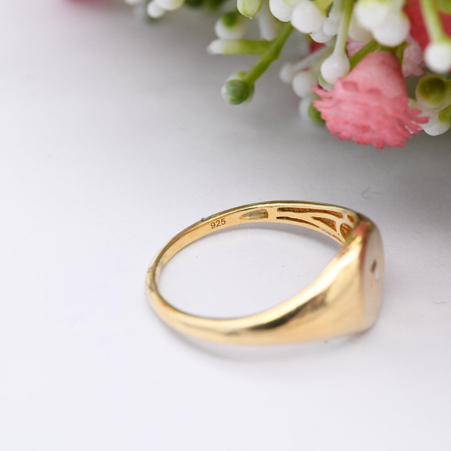 Gold Plated Sterling Silver Signet Ring with Clear Stone - Unisex Signet Gift Large Size Middle Finger | UK Size - U 1/2 | US Size - 10 1/4