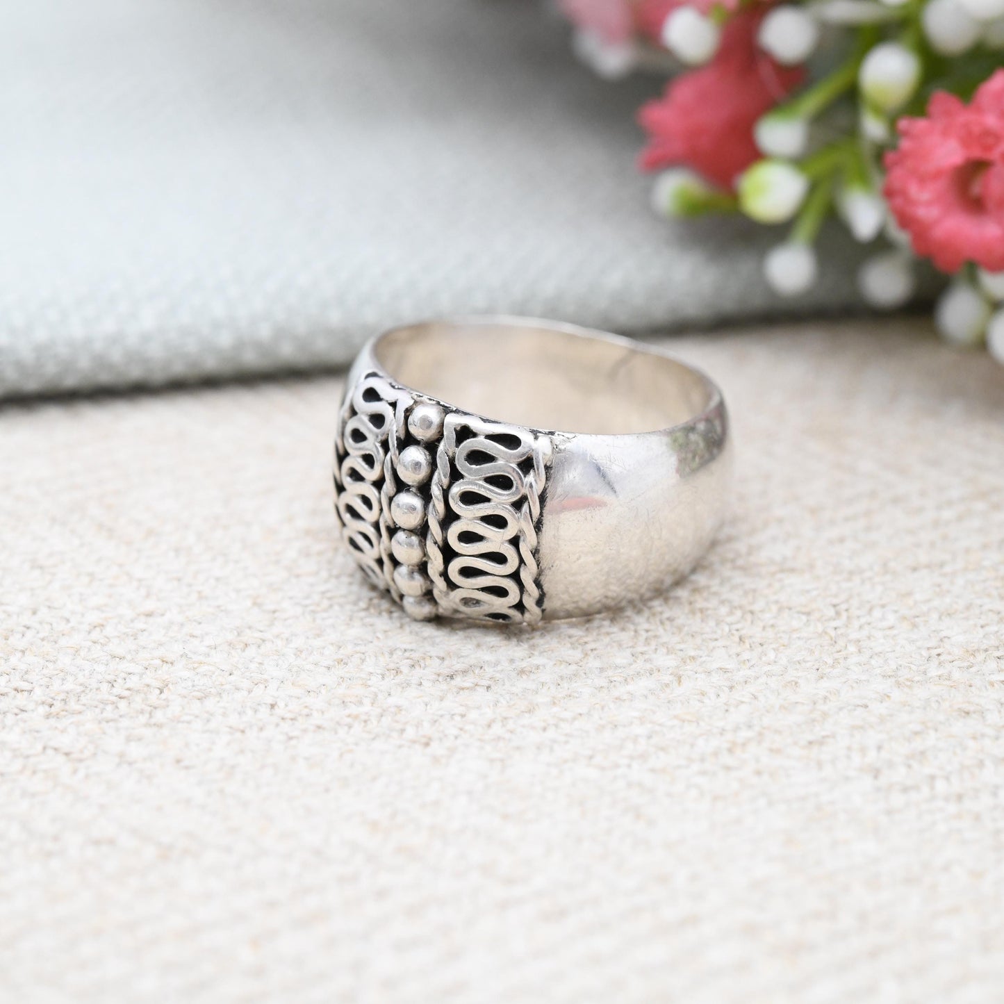 Vintage Sterling Silver Wirework Cannetille Band Ring - Chunky Mid-Century Silver Jewellery | UK Size - O 1/2 | US Size - 7 1/2