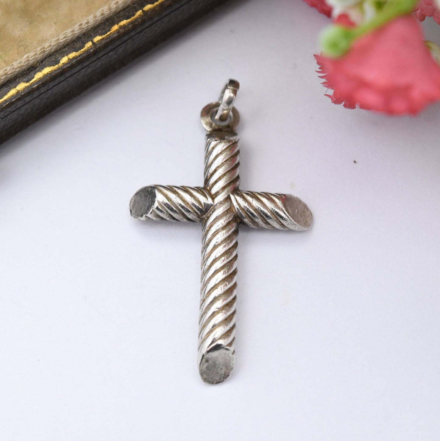 Vintage Sterling Silver Cross Pendant - Chunky Mid-Century Modernist Spiral Textured Design | Gift for Baptism Christening