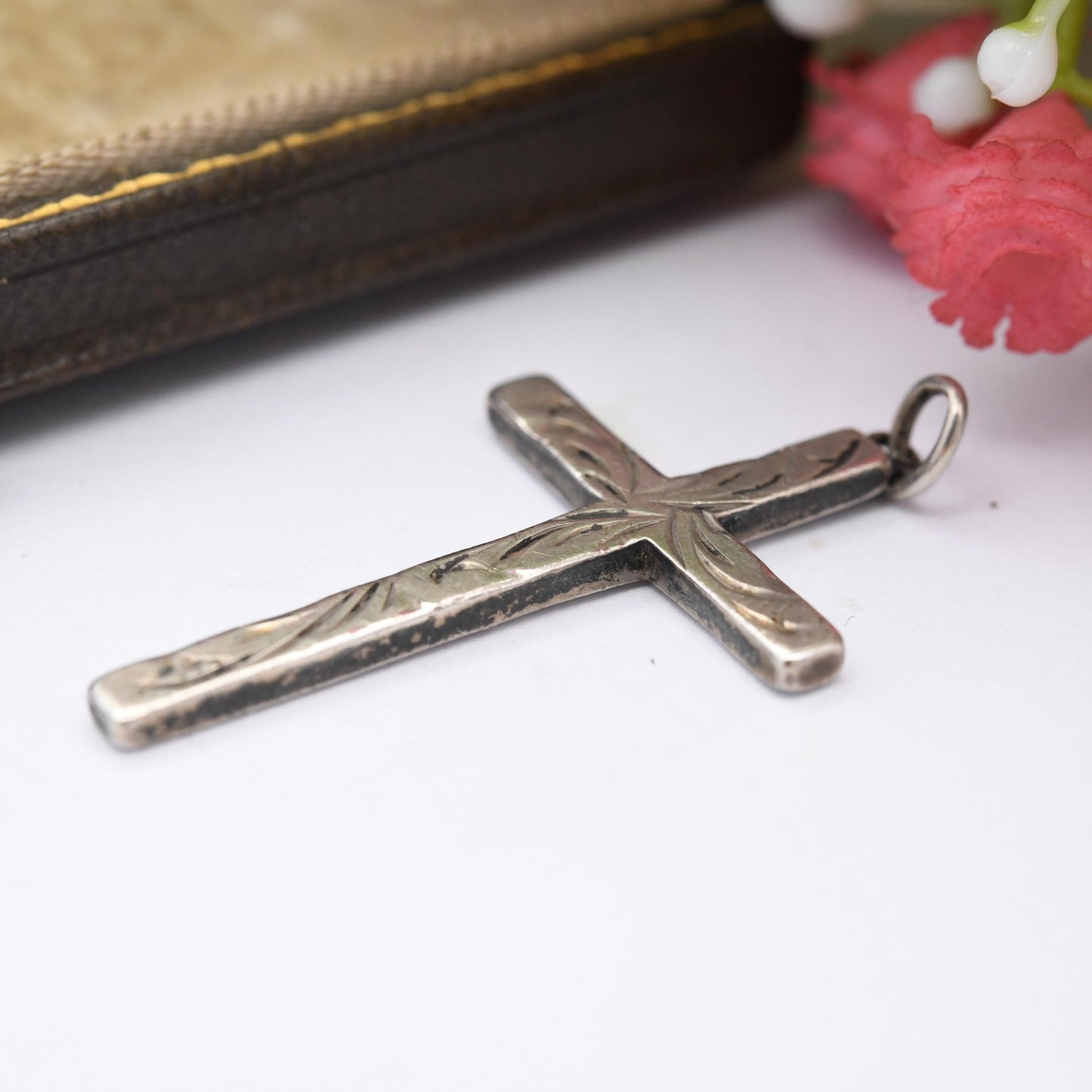 Vintage Sterling Silver Cross Pendant with Engraved Design AJH - Pretty Christian Gift for Baptism Christening | Charm Necklace Stack
