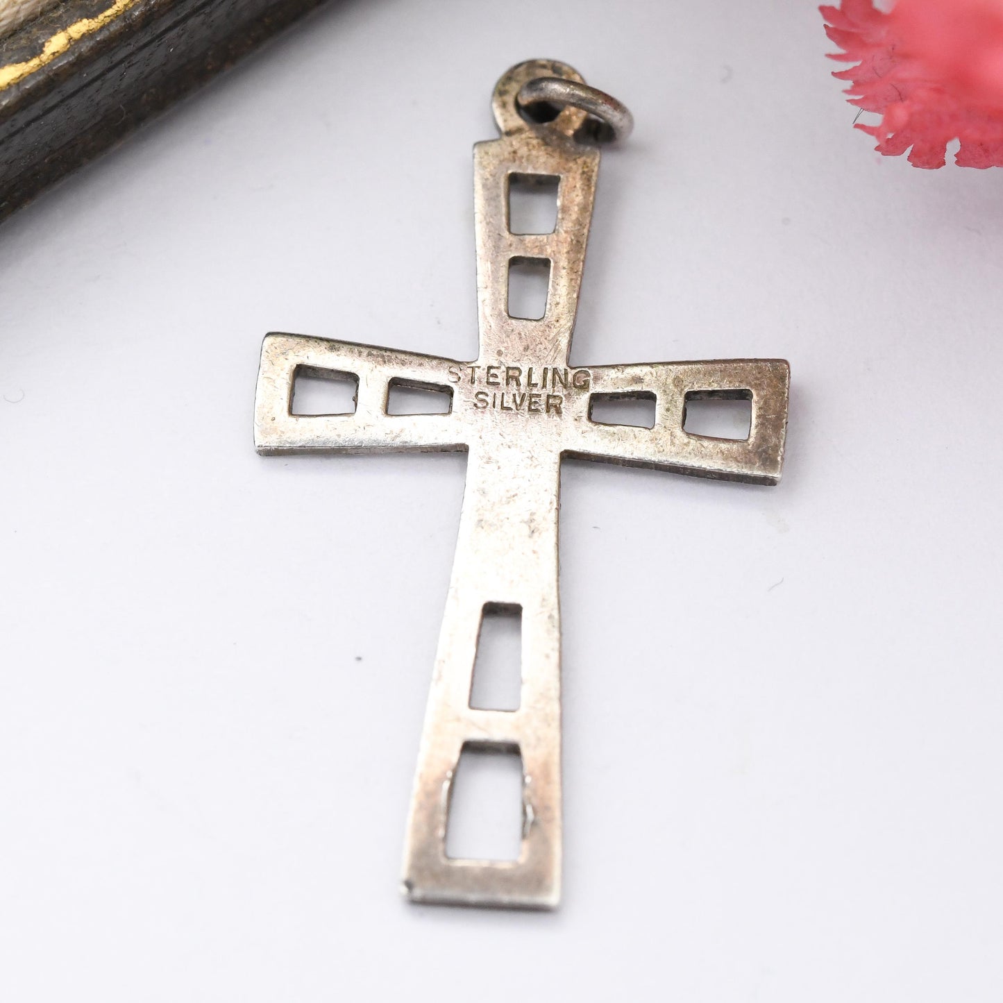 Vintage Sterling Silver Cross Pendant with Cut Star Design - Mid-Century Textured Cross | Christian Gift for Baptism Christening