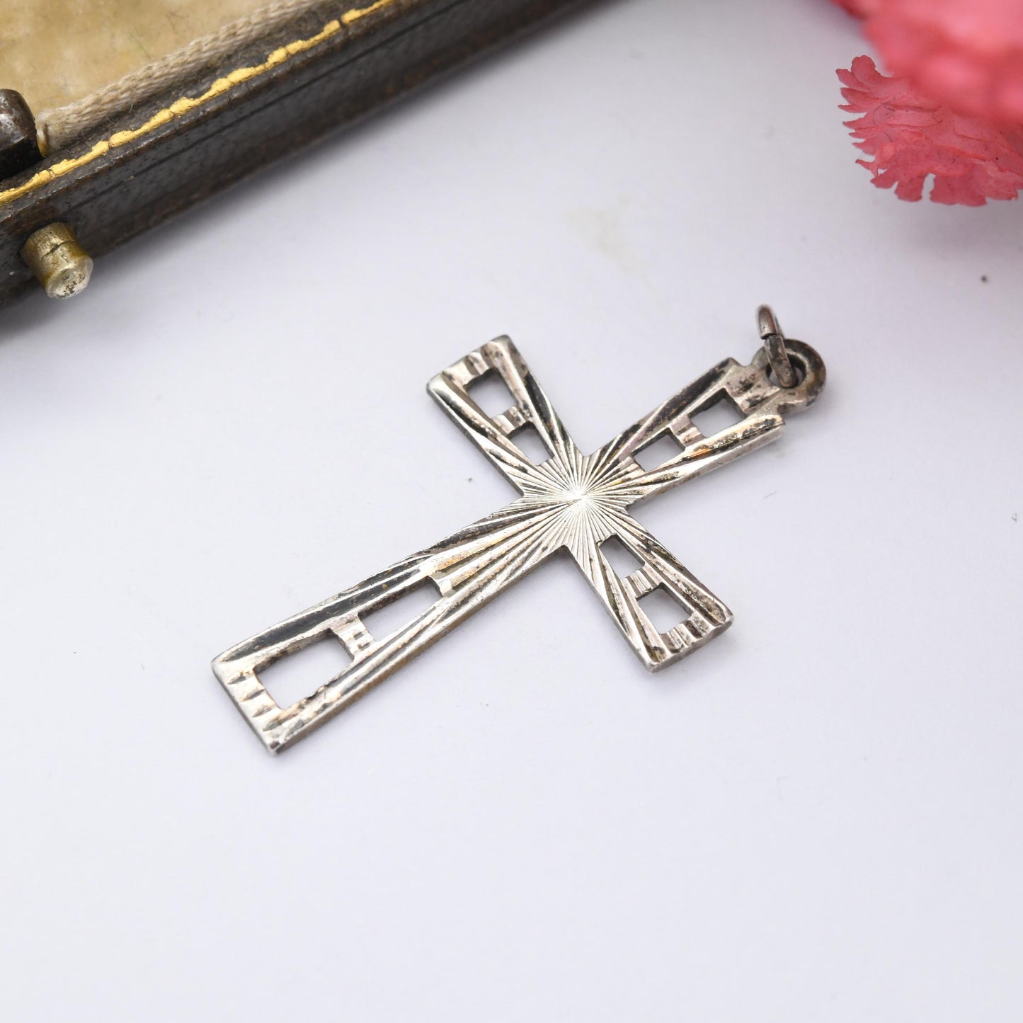 Vintage Sterling Silver Cross Pendant with Cut Star Design - Mid-Century Textured Cross | Christian Gift for Baptism Christening