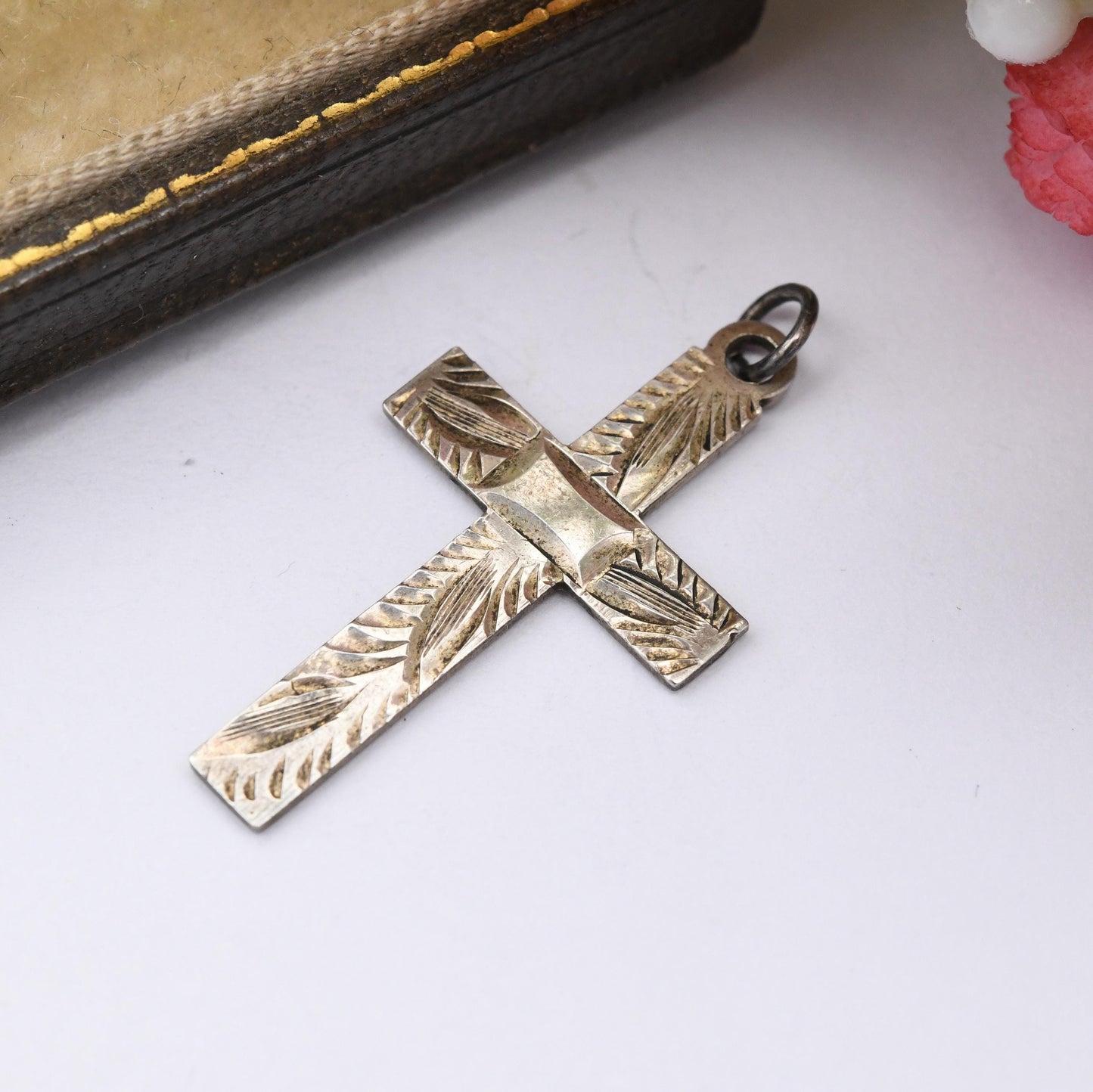 Vintage Sterling Silver Cross Pendant with Engraved Design - Mid-Century Christian Gift for Christening Baptism Sweet Unusual Pendant Charm