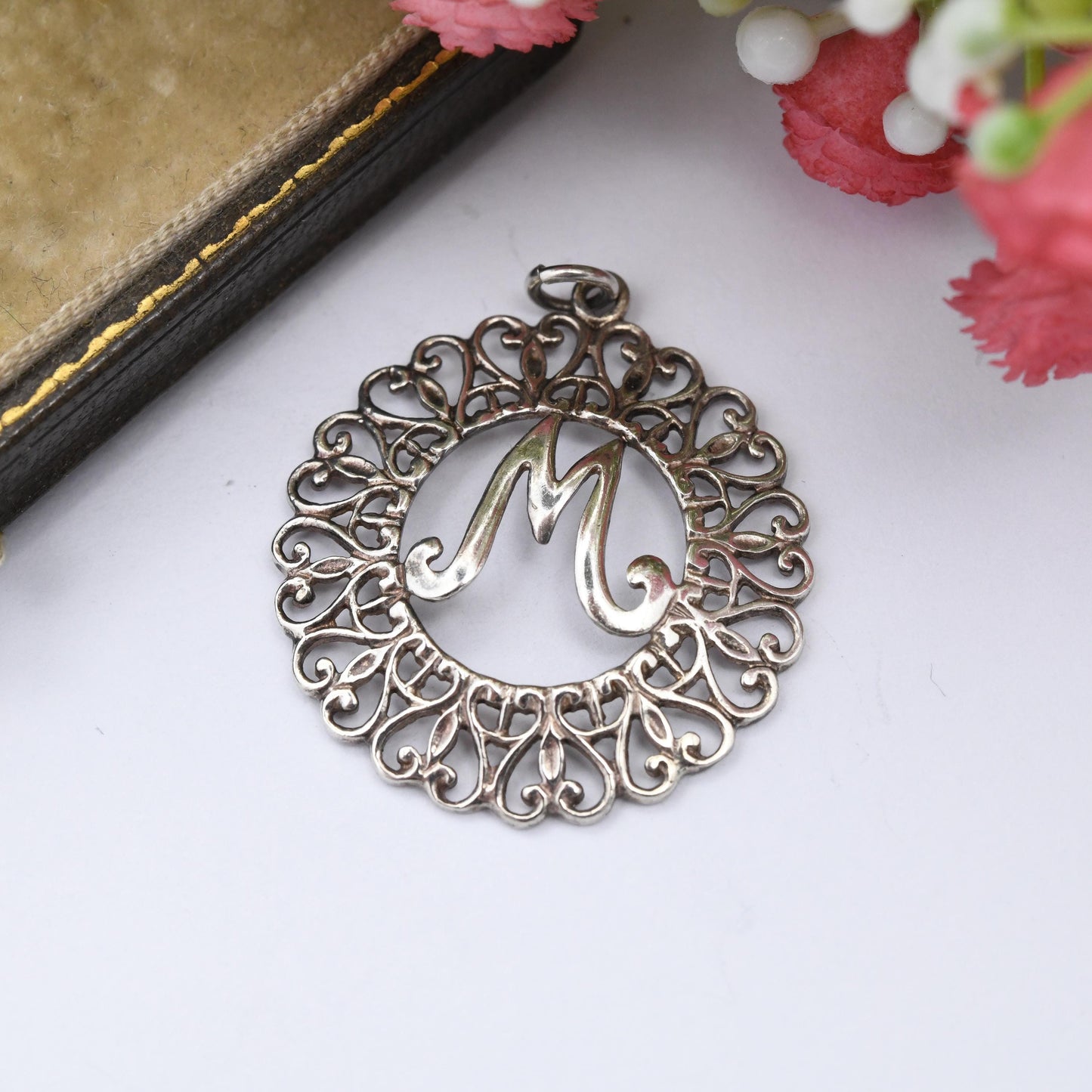 Vintage Sterling Silver Letter M Pendant with Love Heart Border - Cute Name Initial Gift | Statement Necklace Charm | Personalised Jewellery