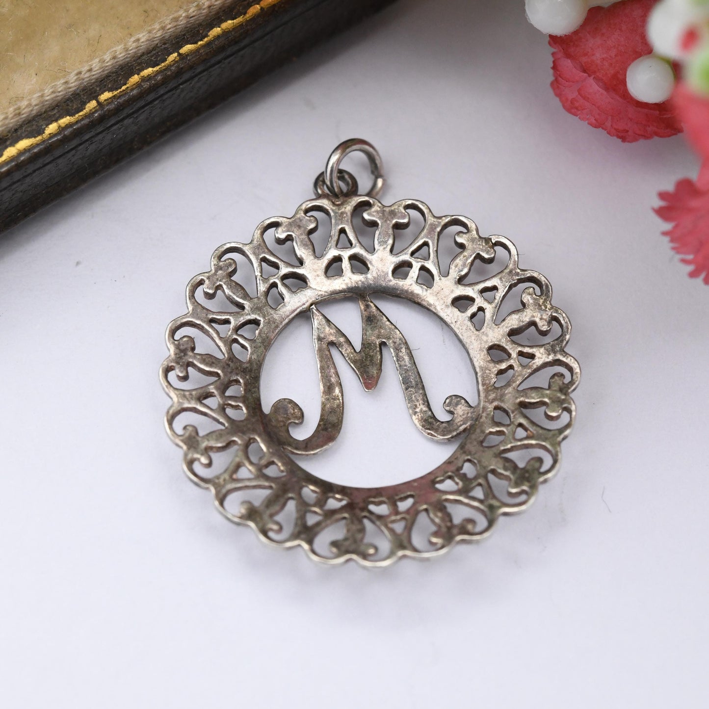 Vintage Sterling Silver Letter M Pendant with Love Heart Border - Cute Name Initial Gift | Statement Necklace Charm | Personalised Jewellery