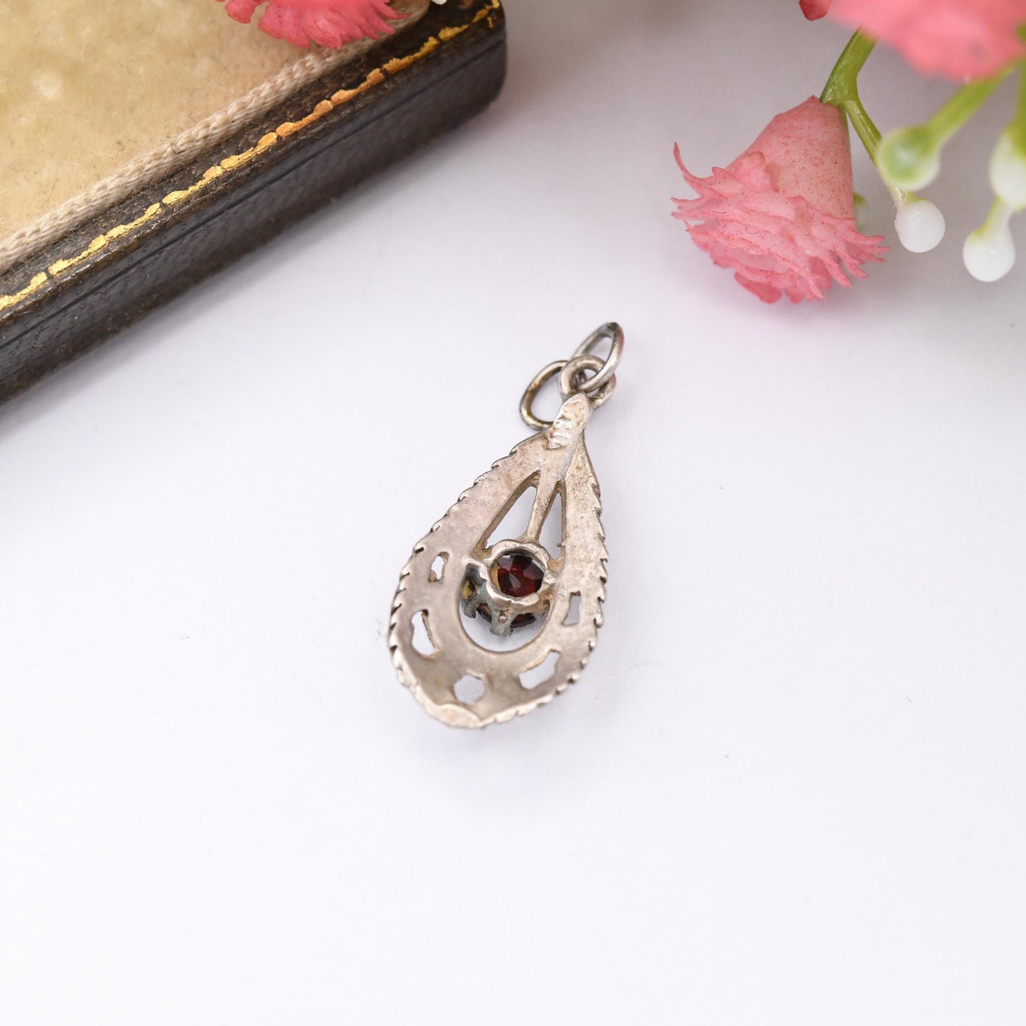 Vintage Mid-Century Sterling Silver Garnet Pendant - Textured Teardrop Shape | Faceted Prong Set Red Gemstone | Gift for Charm Necklace