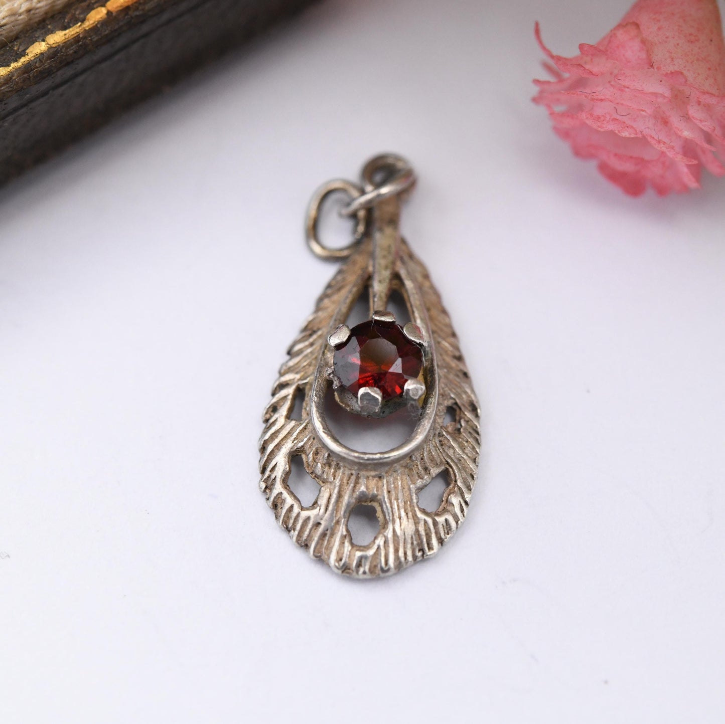 Vintage Mid-Century Sterling Silver Garnet Pendant - Textured Teardrop Shape | Faceted Prong Set Red Gemstone | Gift for Charm Necklace