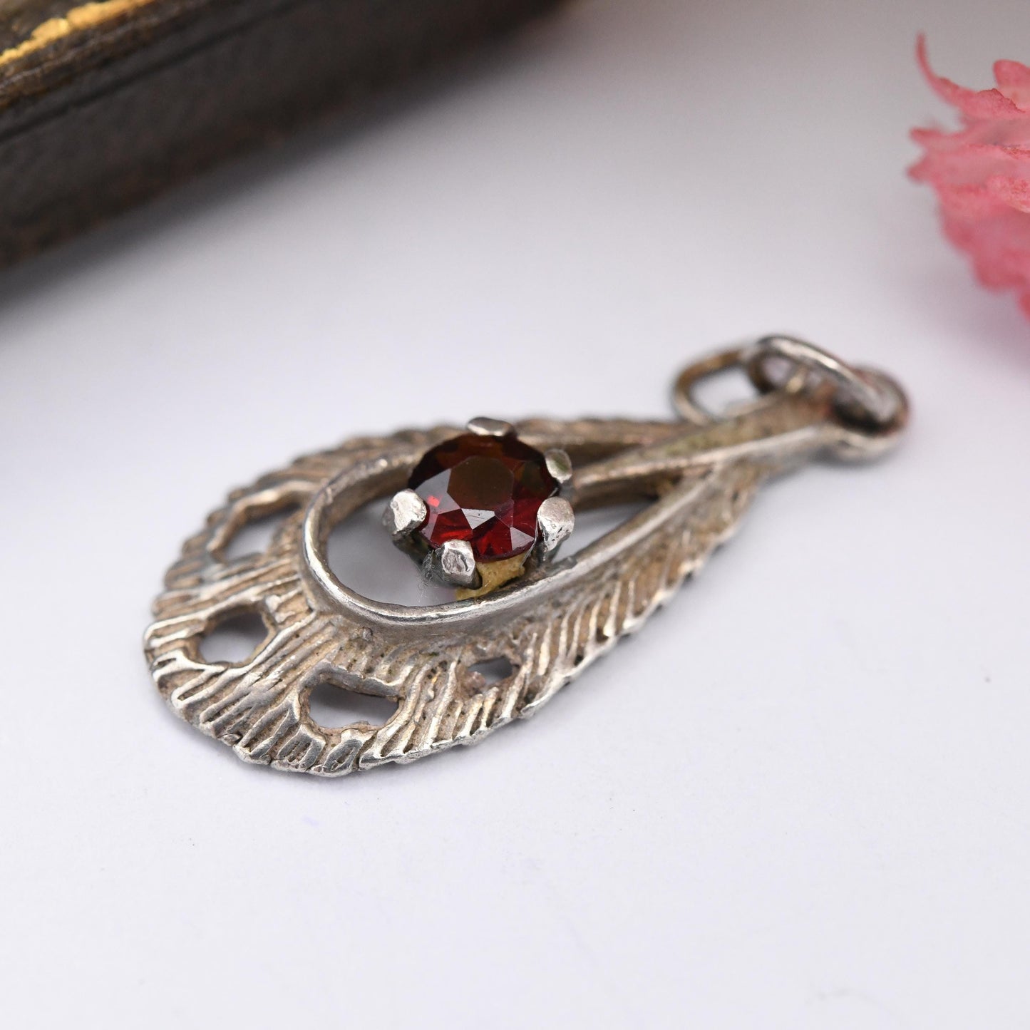 Vintage Mid-Century Sterling Silver Garnet Pendant - Textured Teardrop Shape | Faceted Prong Set Red Gemstone | Gift for Charm Necklace