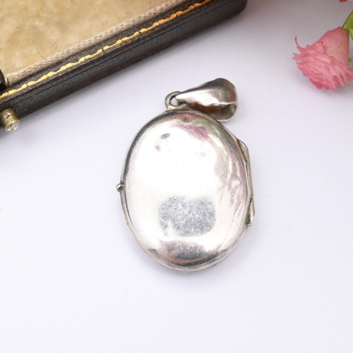 Vintage Sterling Silver Locket Pendant with Engraved Scrolling Design - Small Oval Locket Necklace for Chunky Chain | Sweet Jewellery Gift