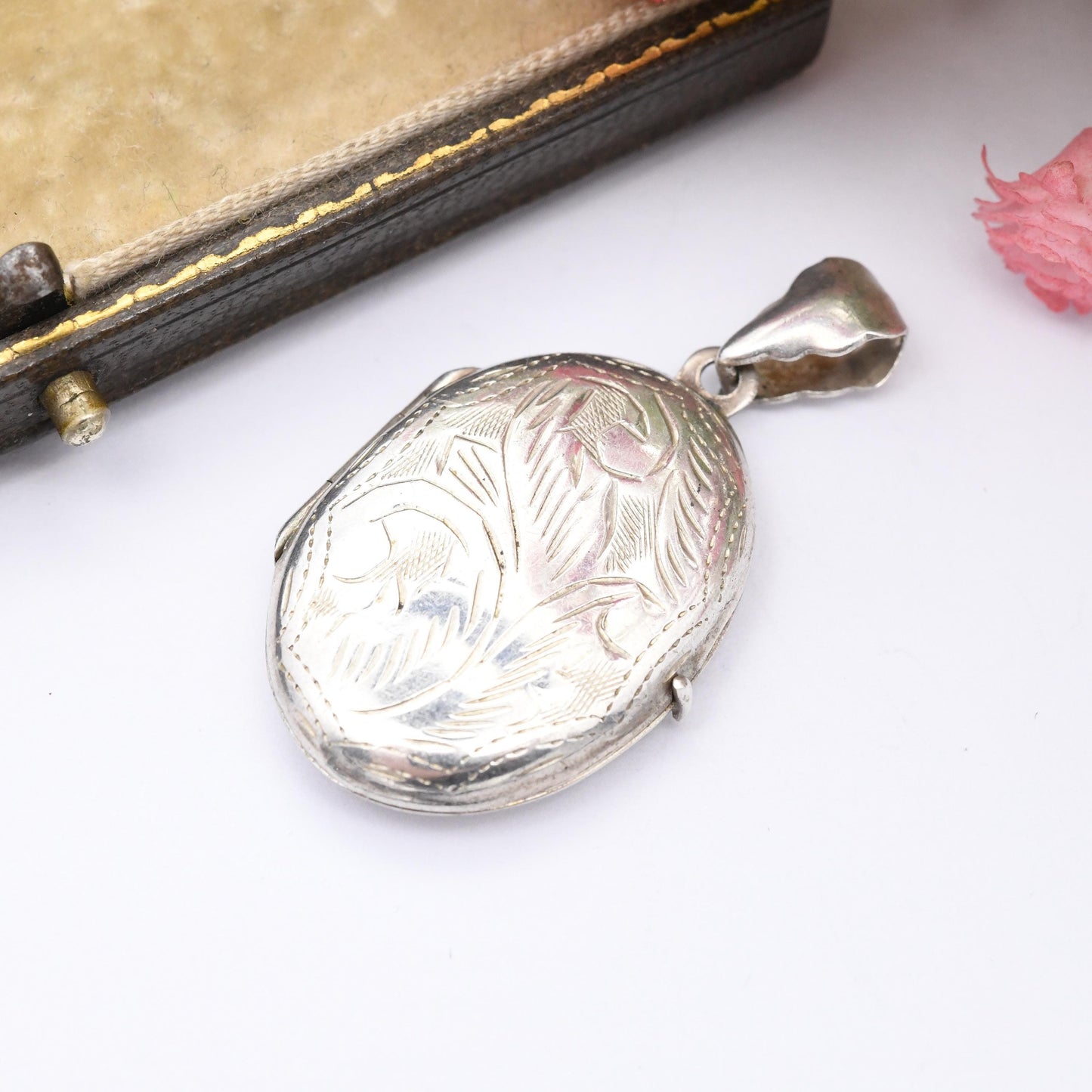 Vintage Sterling Silver Locket Pendant with Engraved Scrolling Design - Small Oval Locket Necklace for Chunky Chain | Sweet Jewellery Gift