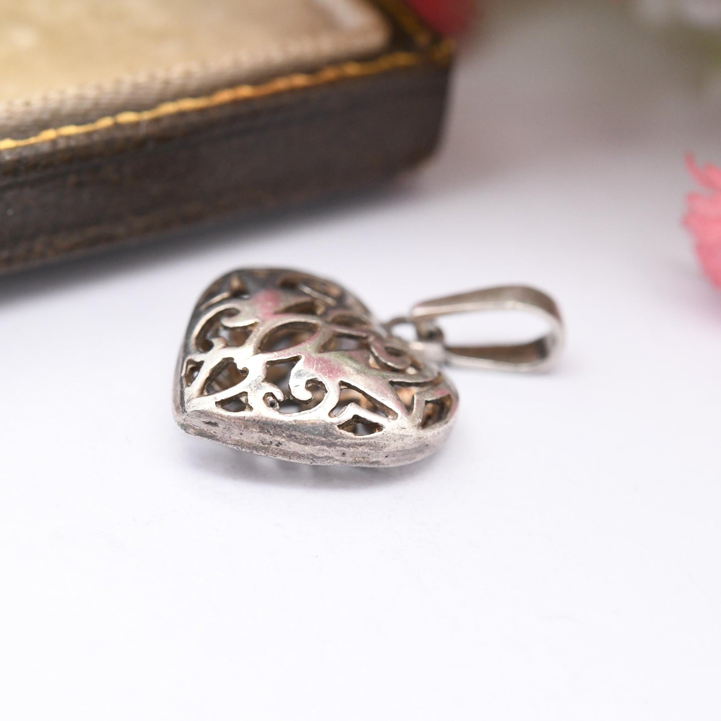 Vintage Sterling Silver Puffed Heart Openwork Pendant - Ornate Openwork Design Pretty Gift for Her Charm Necklace Stack