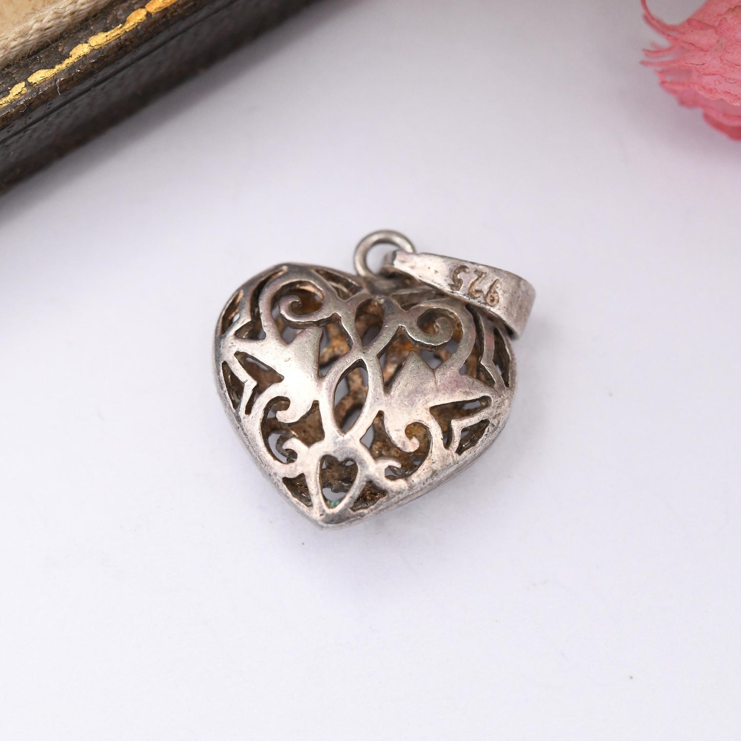 Vintage Sterling Silver Puffed Heart Openwork Pendant - Ornate Openwork Design Pretty Gift for Her Charm Necklace Stack