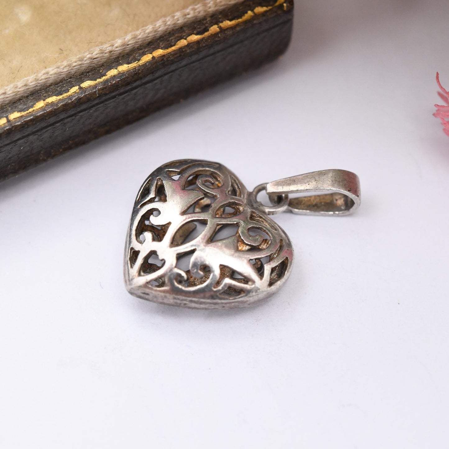 Vintage Sterling Silver Puffed Heart Openwork Pendant - Ornate Openwork Design Pretty Gift for Her Charm Necklace Stack