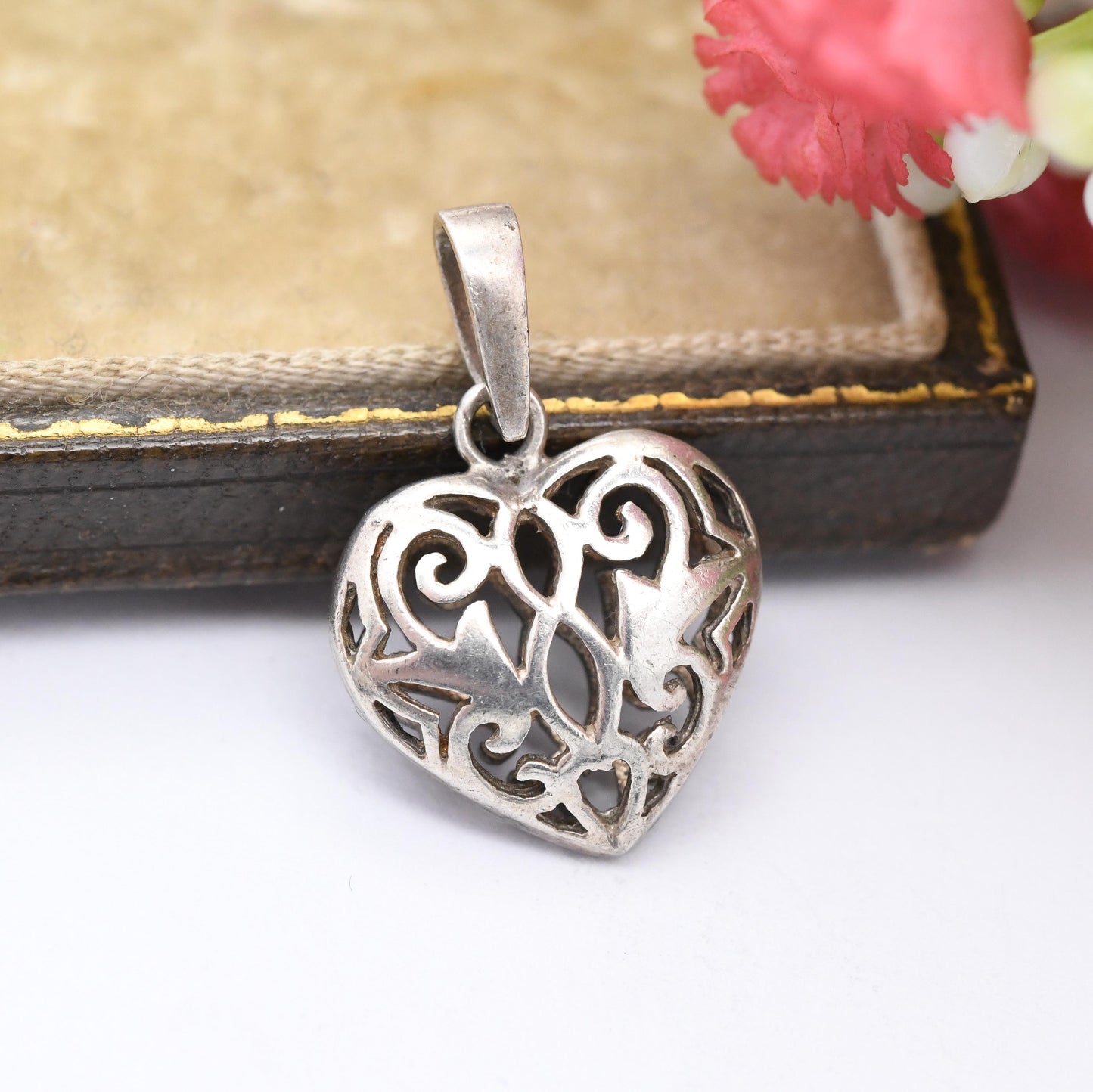 Vintage Sterling Silver Puffed Heart Openwork Pendant - Ornate Openwork Design Pretty Gift for Her Charm Necklace Stack