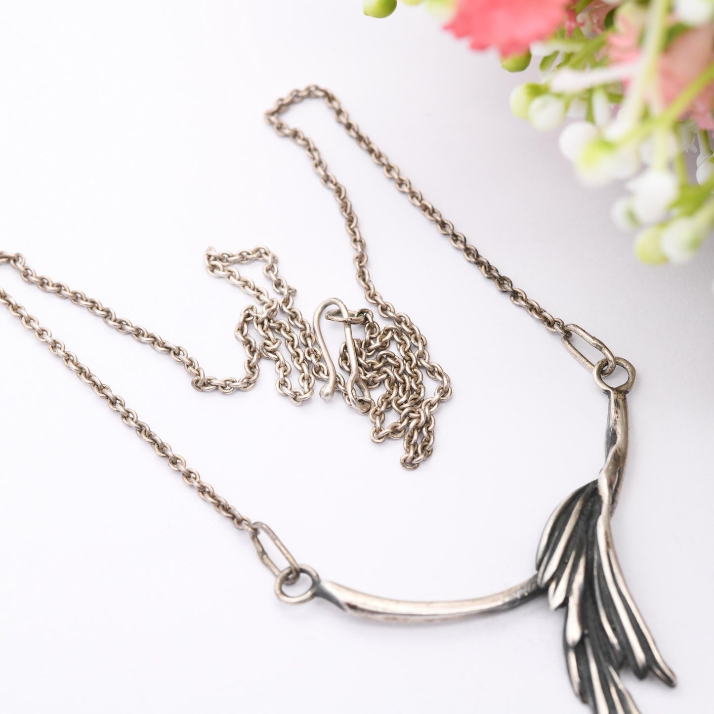 Vintage Mid-Century European Silver Leaf Pendant Necklace - Modernist Figural Integrated Pendant | Pretty Silver Jewellery Gift for Her