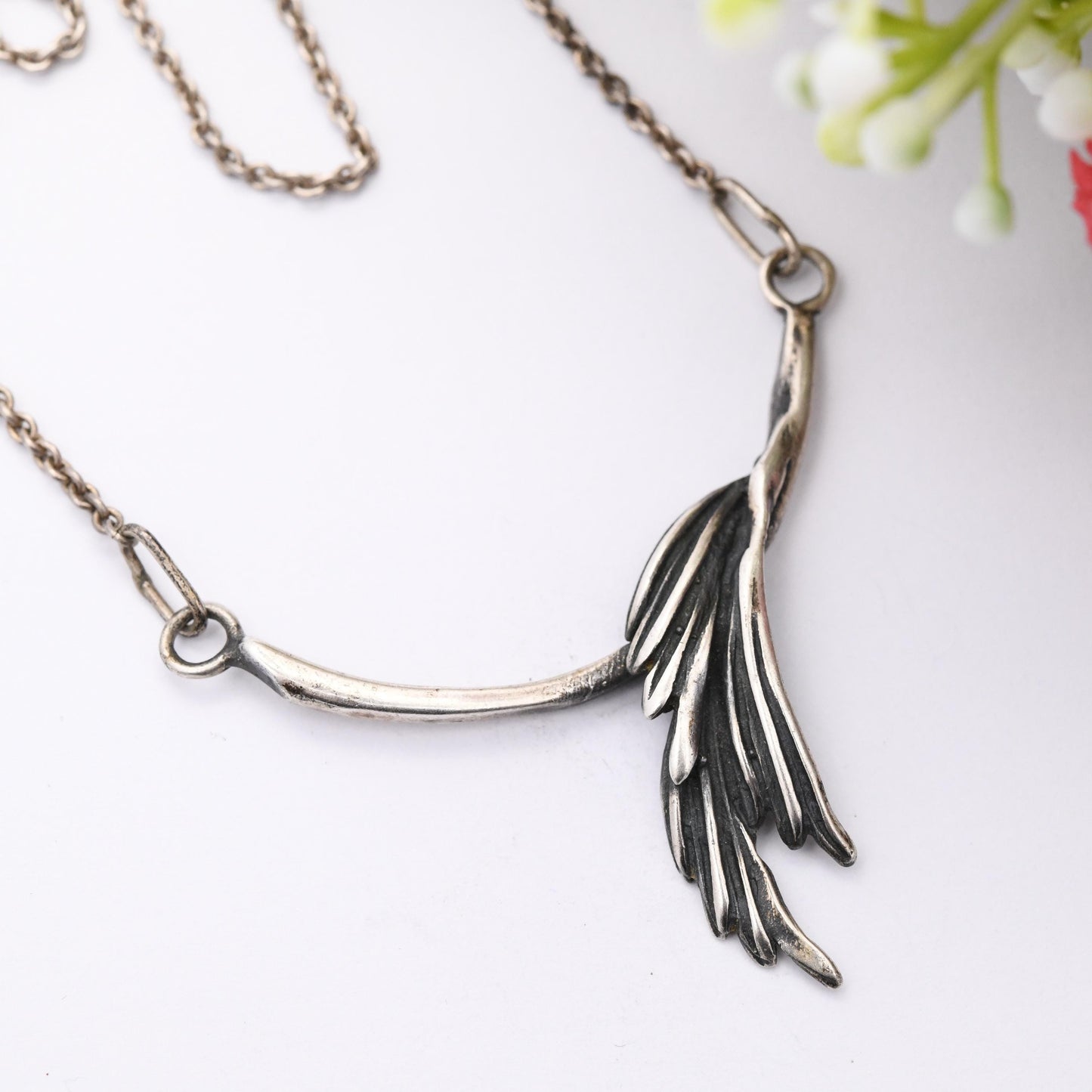 Vintage Mid-Century European Silver Leaf Pendant Necklace - Modernist Figural Integrated Pendant | Pretty Silver Jewellery Gift for Her