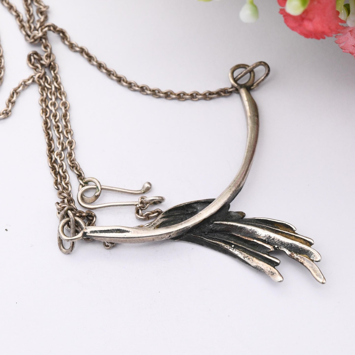 Vintage Mid-Century European Silver Leaf Pendant Necklace - Modernist Figural Integrated Pendant | Pretty Silver Jewellery Gift for Her