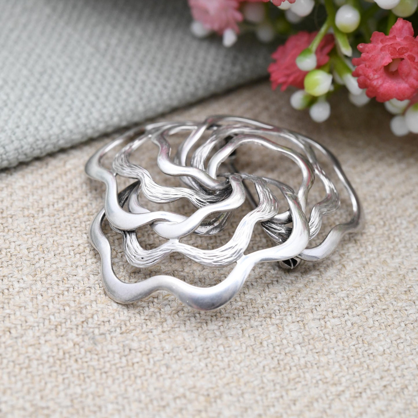 Vintage Mid-Century Modernist Sterling Silver Brooch - Openwork Figural Design | Textured Silver Jewellery | Abstract Flower Shape
