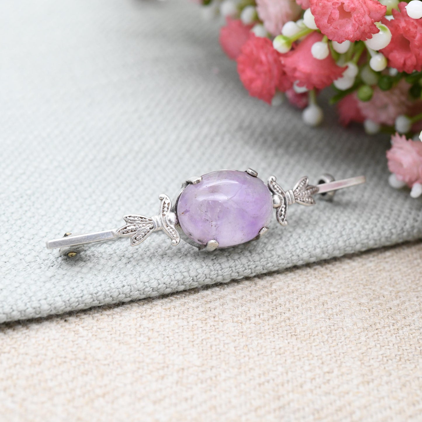Antique Sterling Silver Art Deco Amethyst Bar Brooch - Egyptian Revival Floral Leaf Shoulders | Oval Cabochon Purple Stone