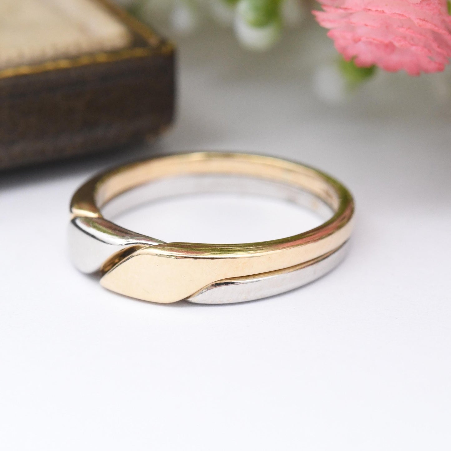 Vintage 9ct Gold Two Band Puzzle Ring - Two Tone White Gold Yellow Gold | Unusual Unisex Wedding Band | UK Size - M 1/2 | US Size - 6 1/2